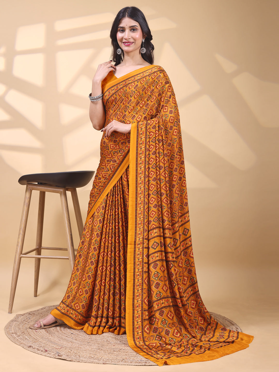 Crepe Ethnic Motif Burnt Orange Saree