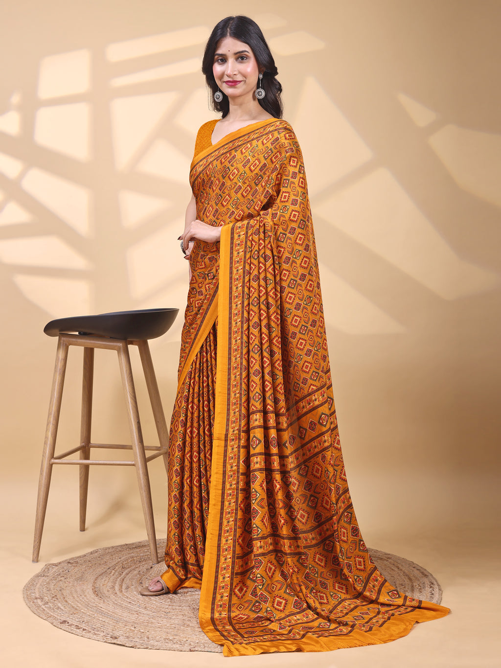 Crepe Ethnic Motif Burnt Orange Saree