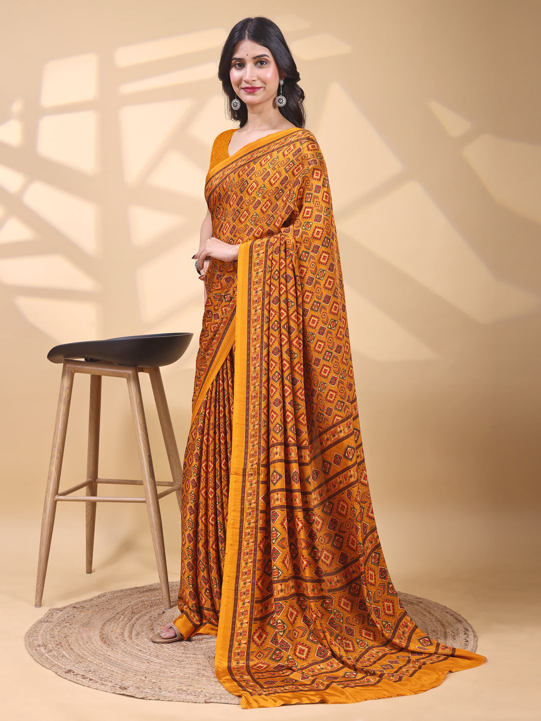 Crepe Ethnic Motif Burnt Orange Saree