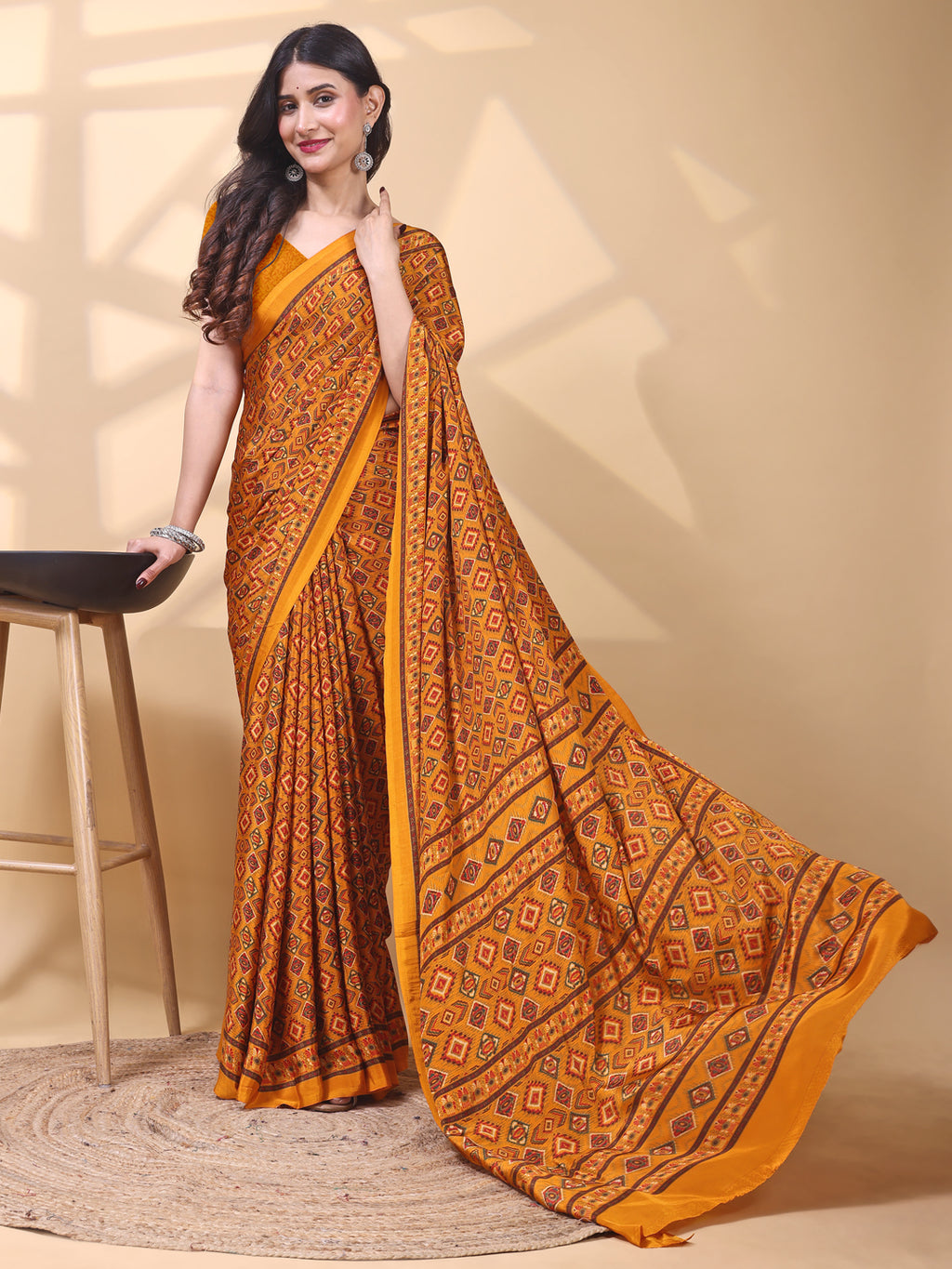 Crepe Ethnic Motif Burnt Orange Saree