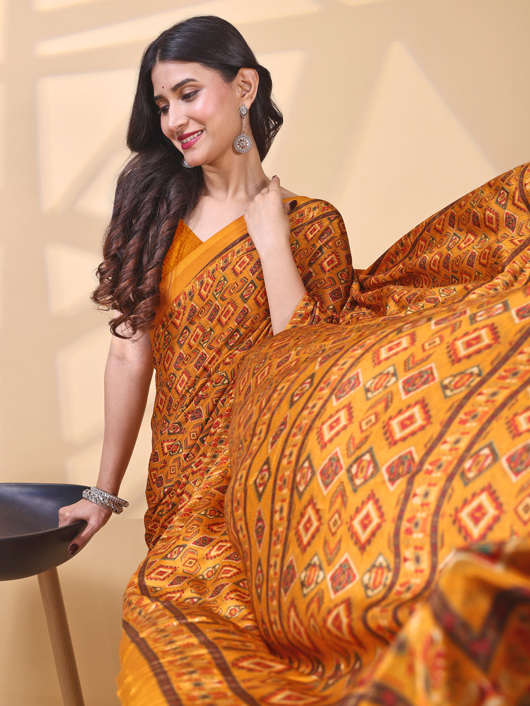 Crepe Ethnic Motif Burnt Orange Saree