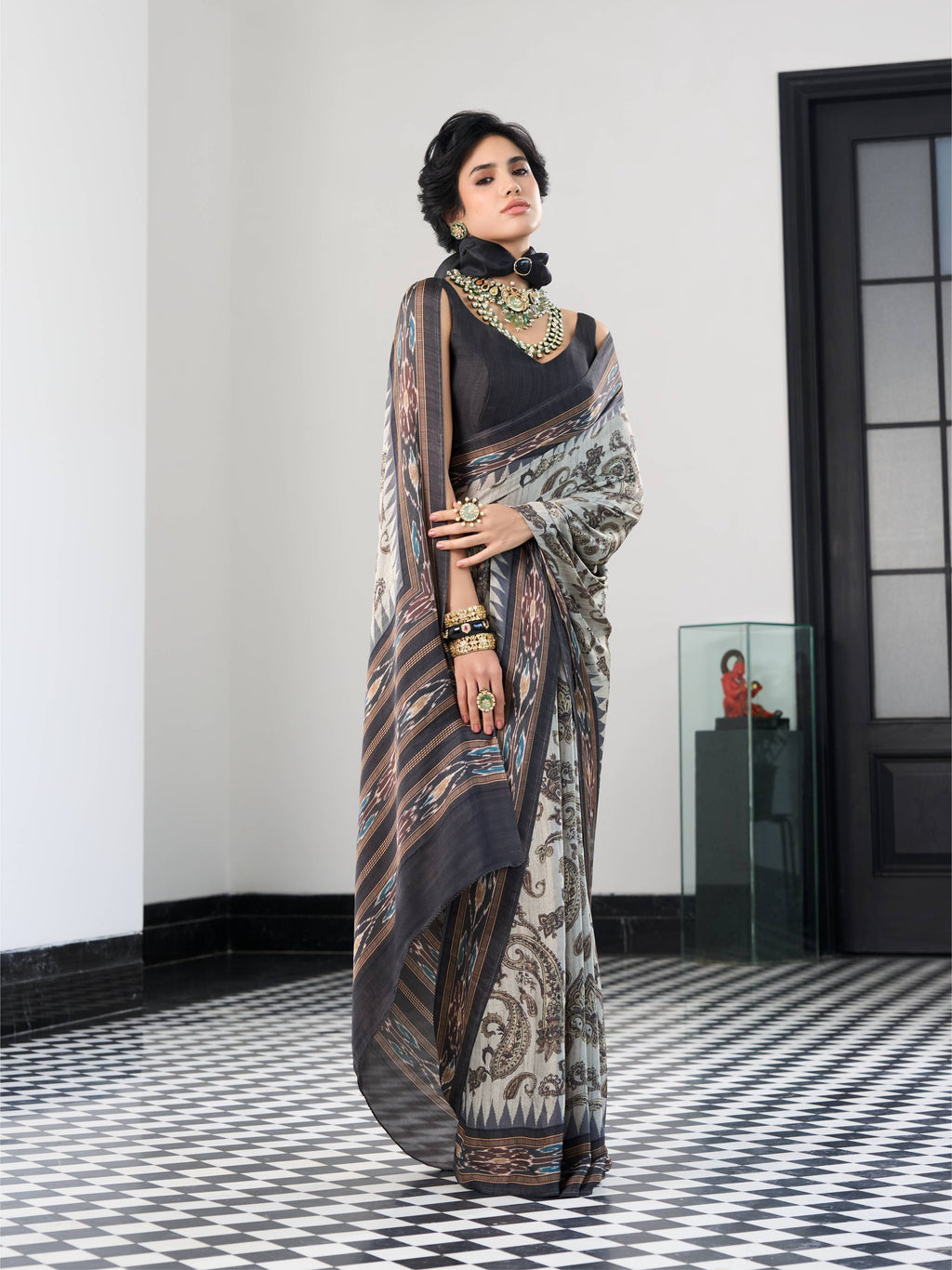 Charcoal Olive Paisley Satin Georgette Saree