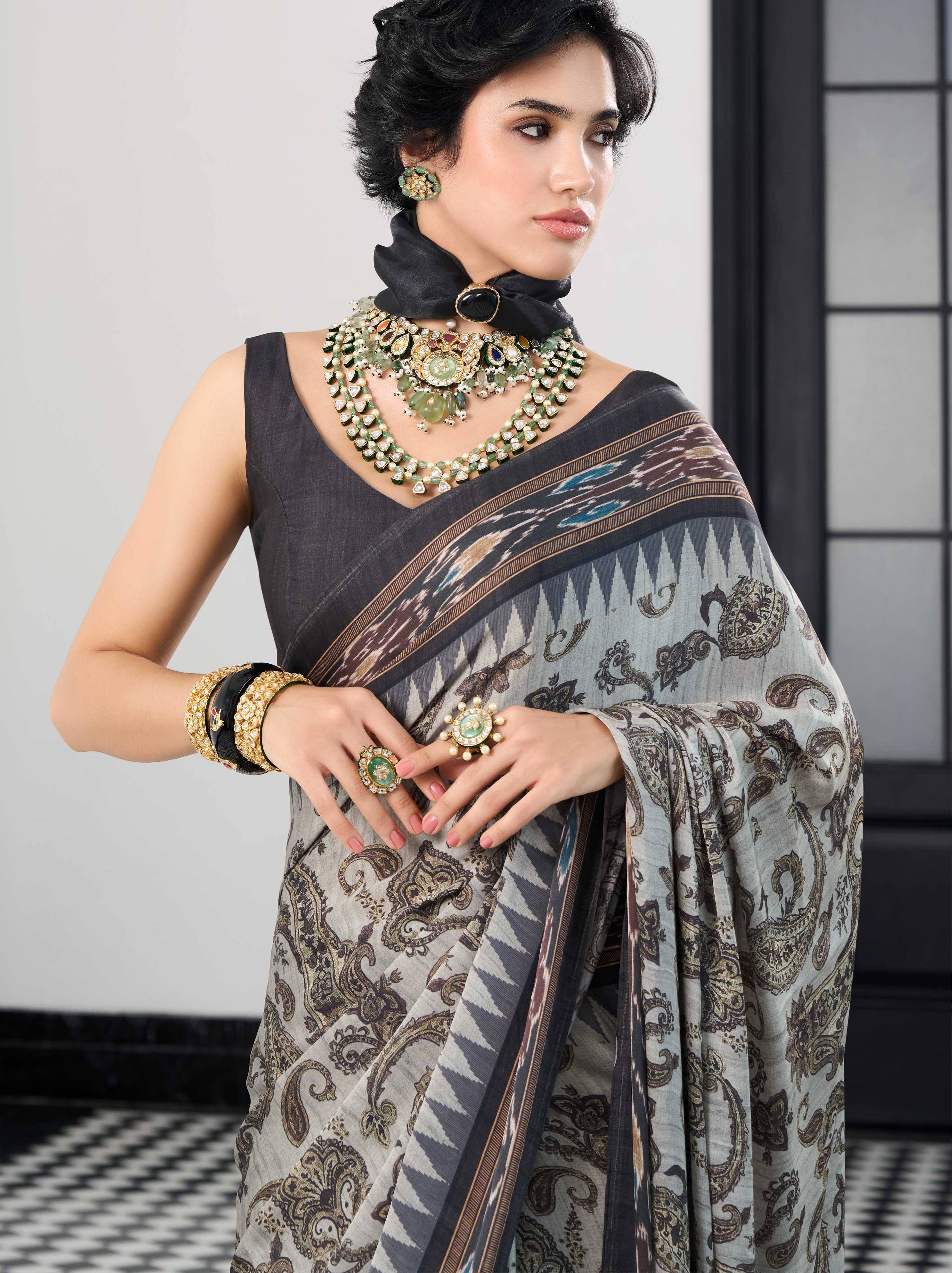 Modal Silk Paisley Charcoal Olive Saree