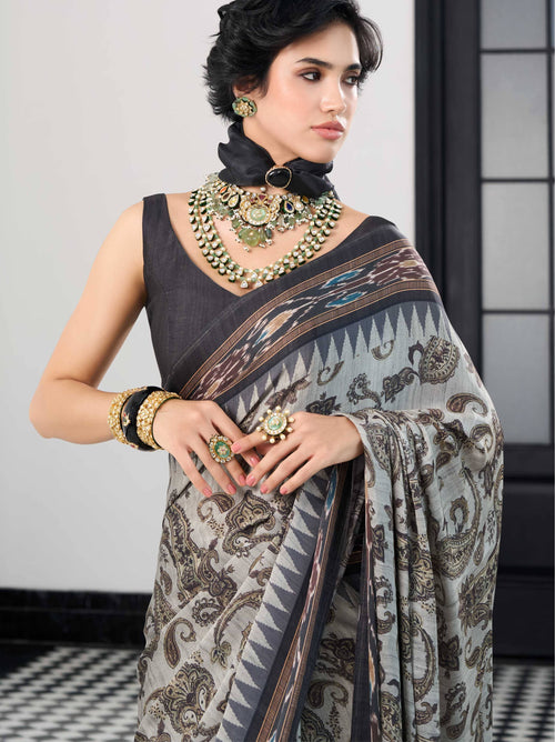 Charcoal Olive Paisley Satin Georgette Saree