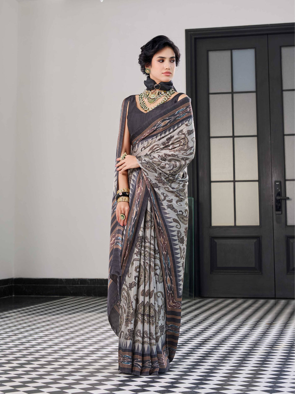 Charcoal Olive Paisley Satin Georgette Saree