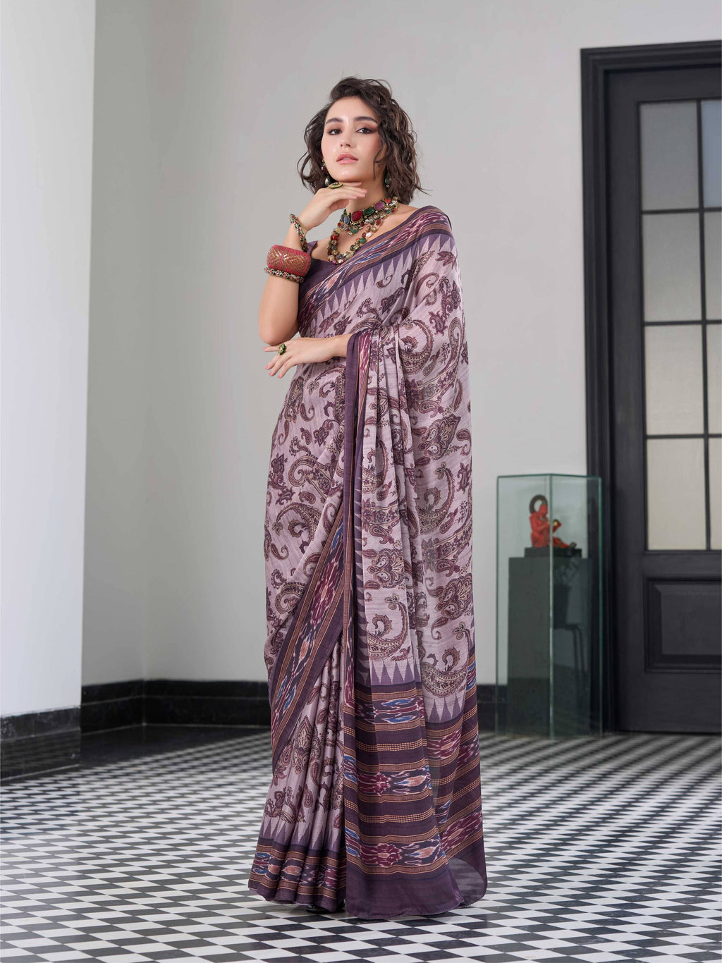 Smoky Plum Paisley Satin Georgette Saree