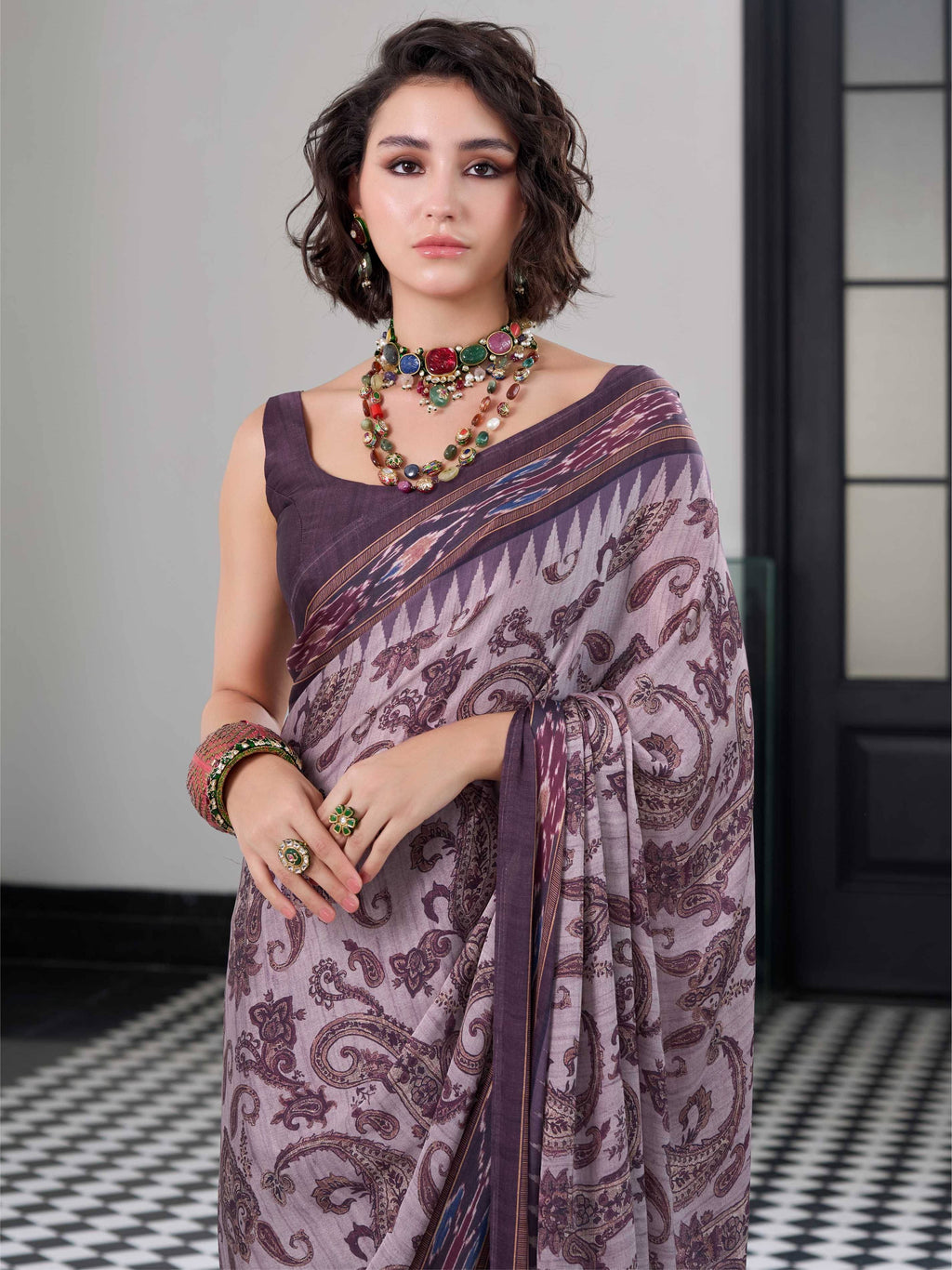 Smoky Plum Paisley Satin Georgette Saree