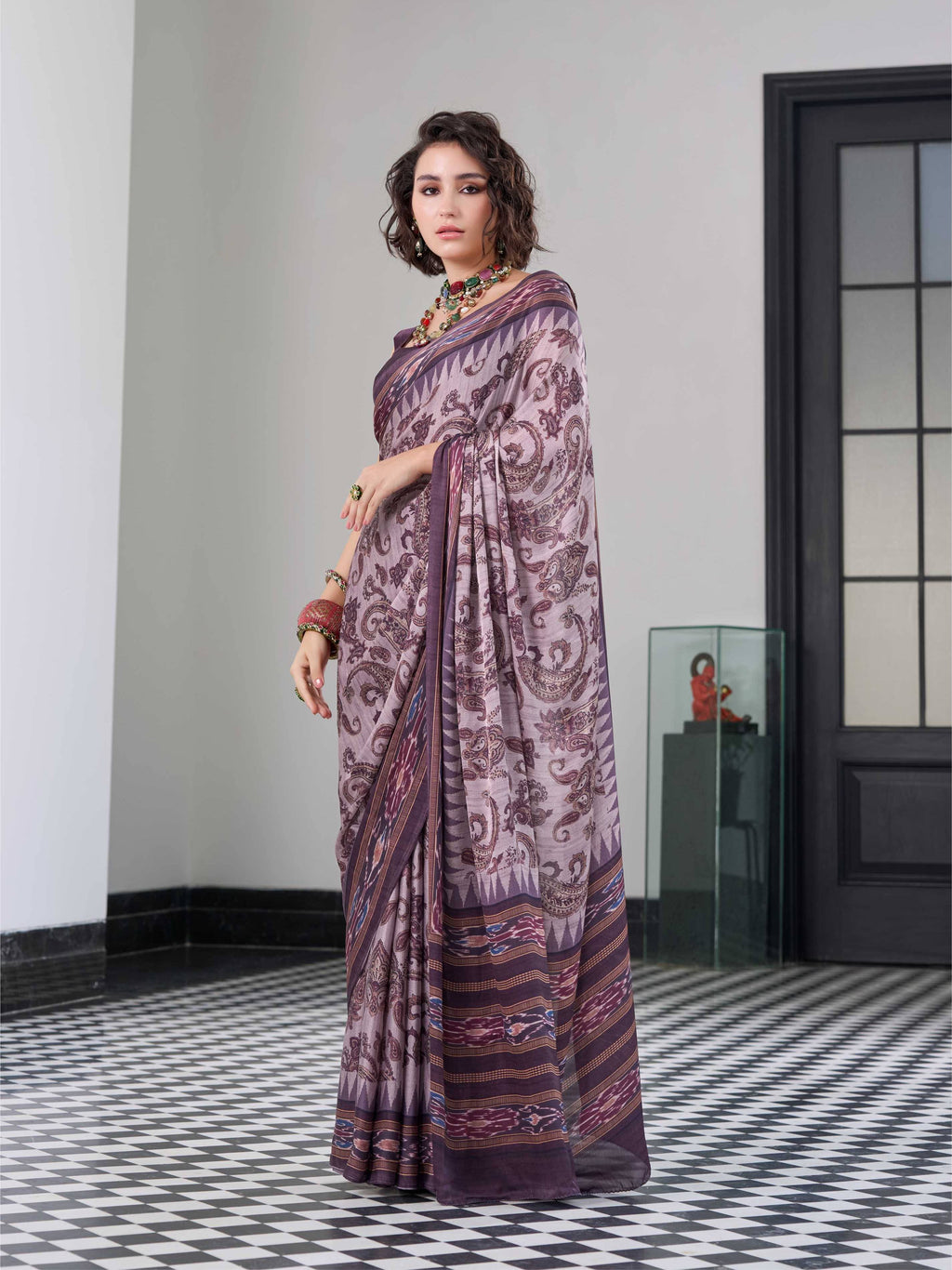 Smoky Plum Paisley Satin Georgette Saree