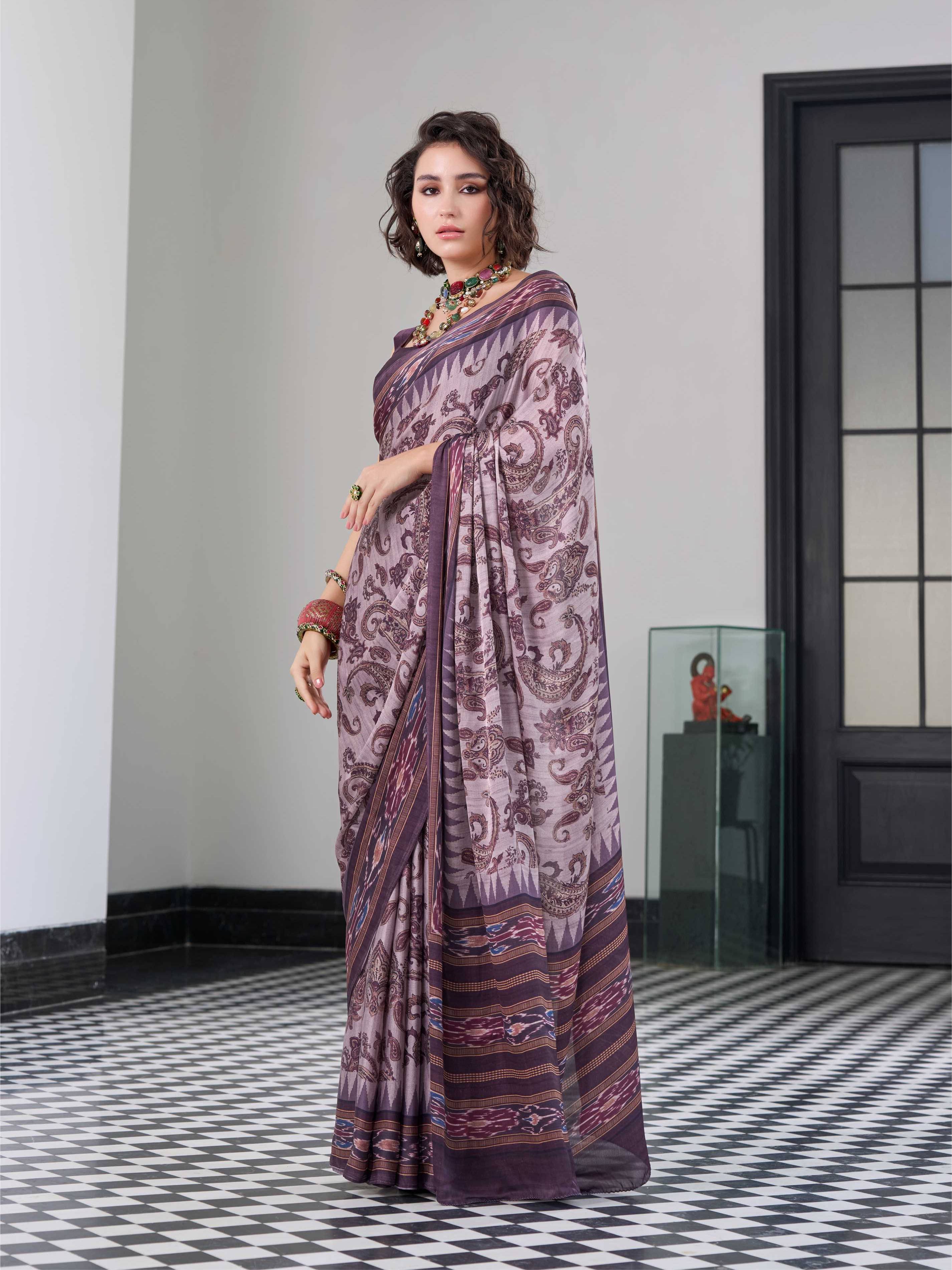 Smoky Plum Paisley Satin Georgette Saree