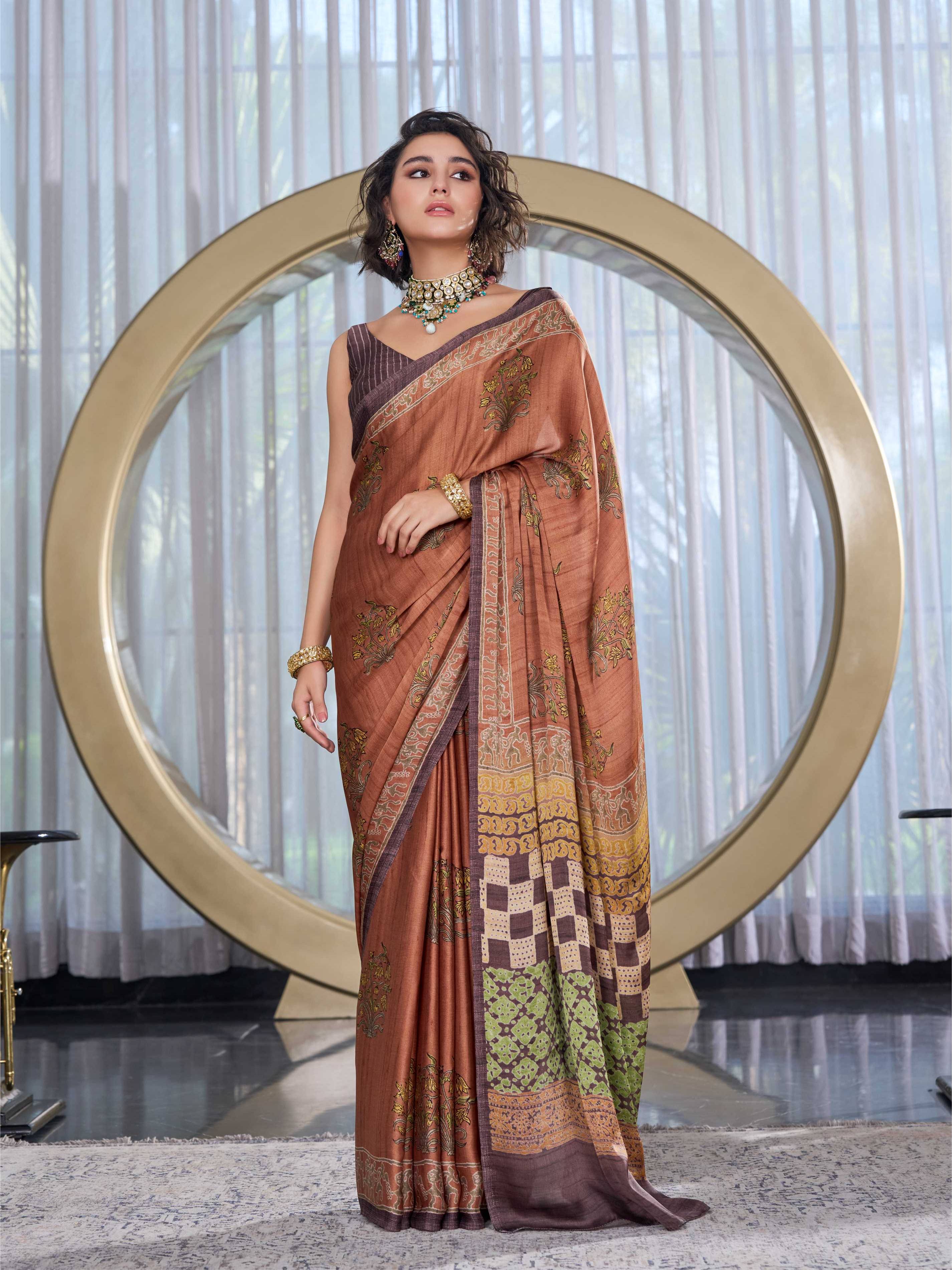 Caramel Brown Mughal Motif Satin Georgette Saree