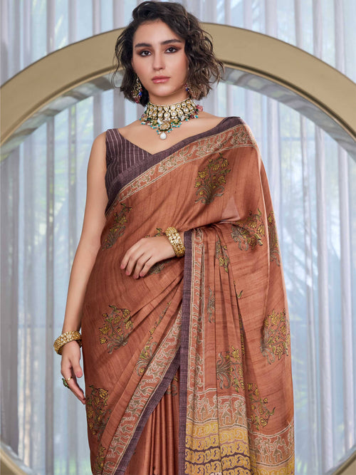 Caramel Brown Mughal Motif Satin Georgette Saree