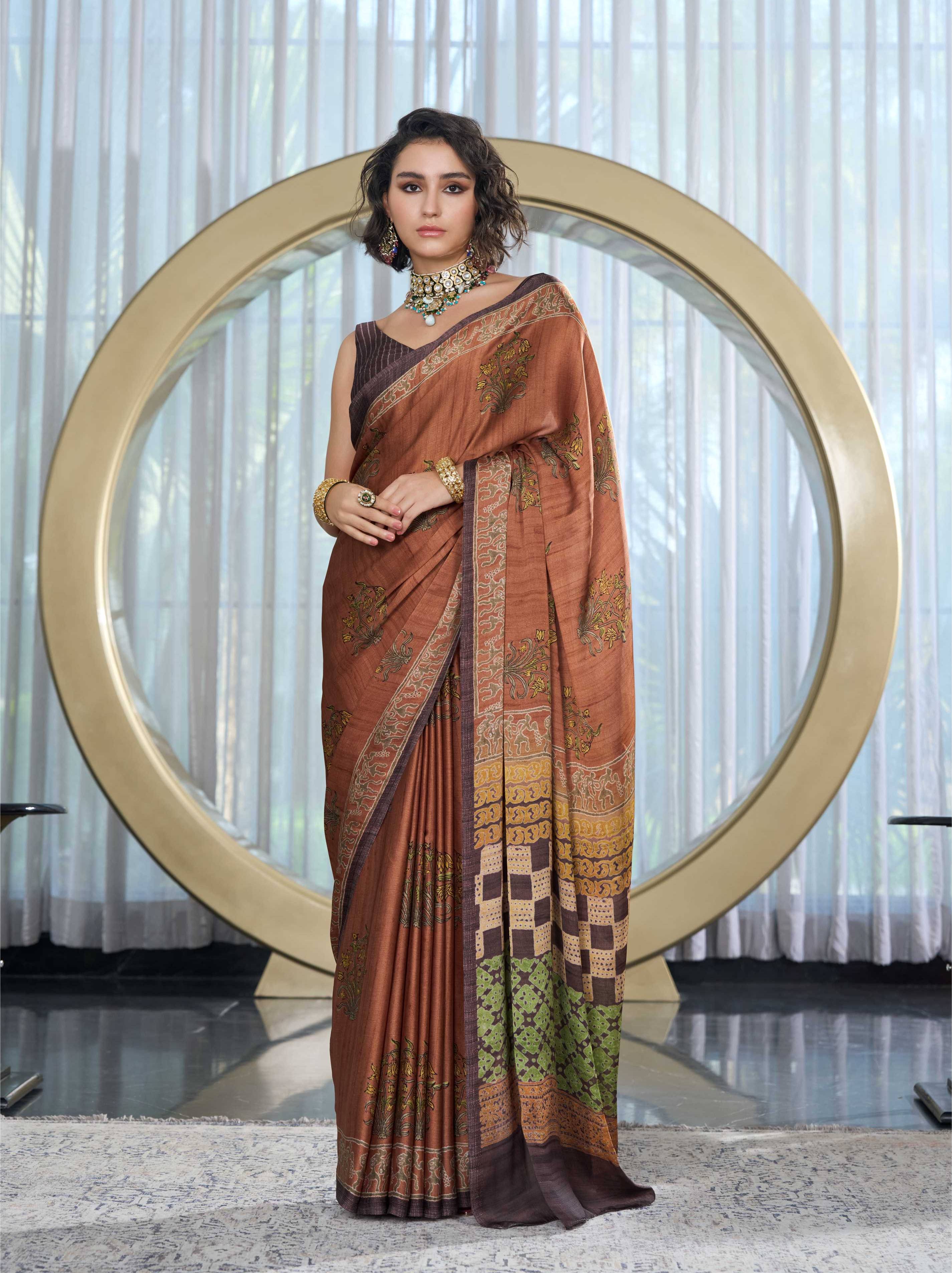 Caramel Brown Mughal Motif Satin Georgette Saree