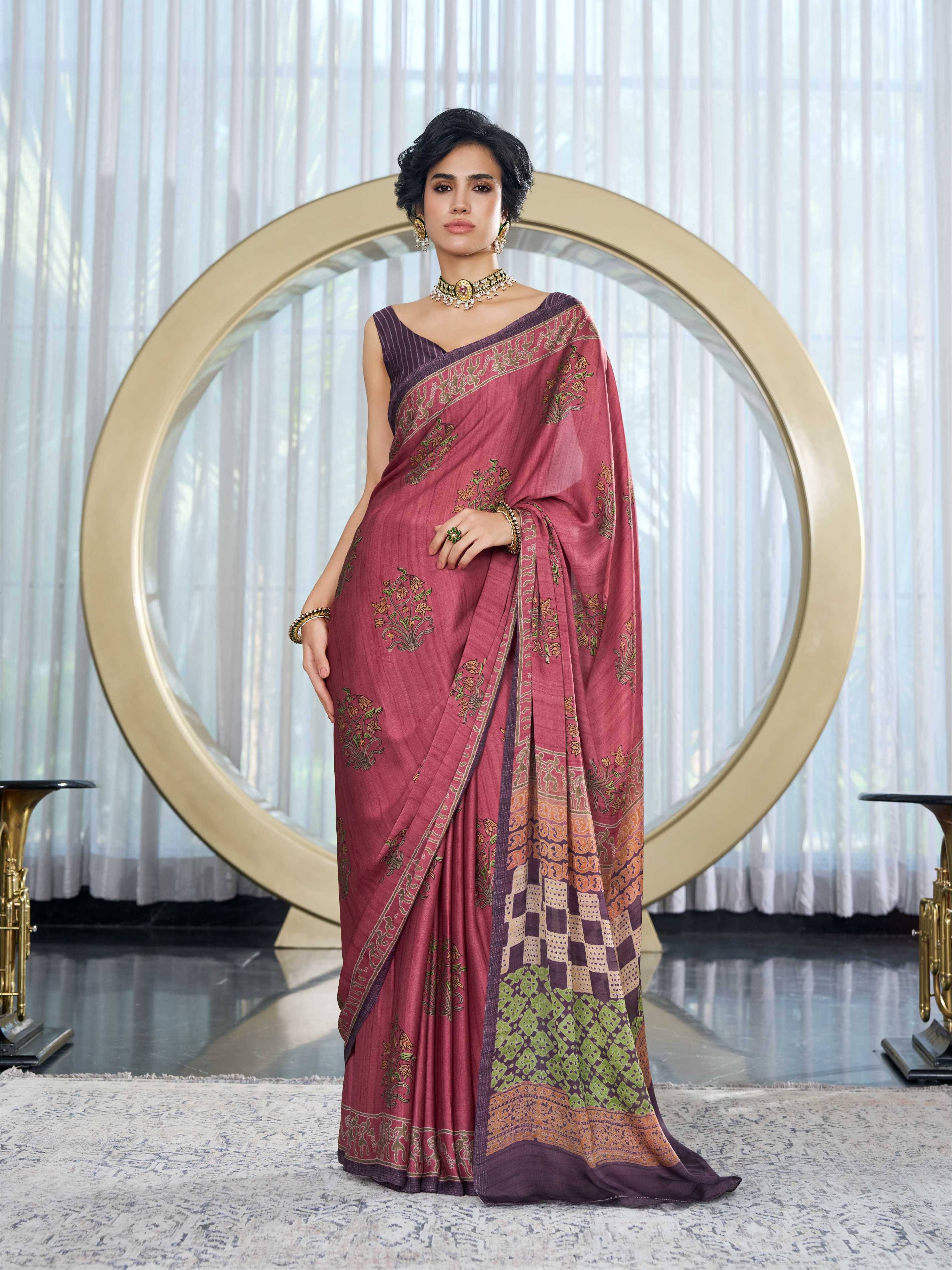 Dusty Rose Mughal Motif Satin Georgette Saree