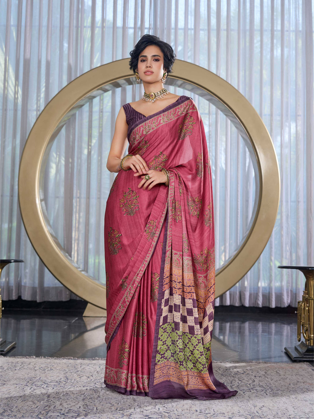 Dusty Rose Mughal Motif Satin Georgette Saree