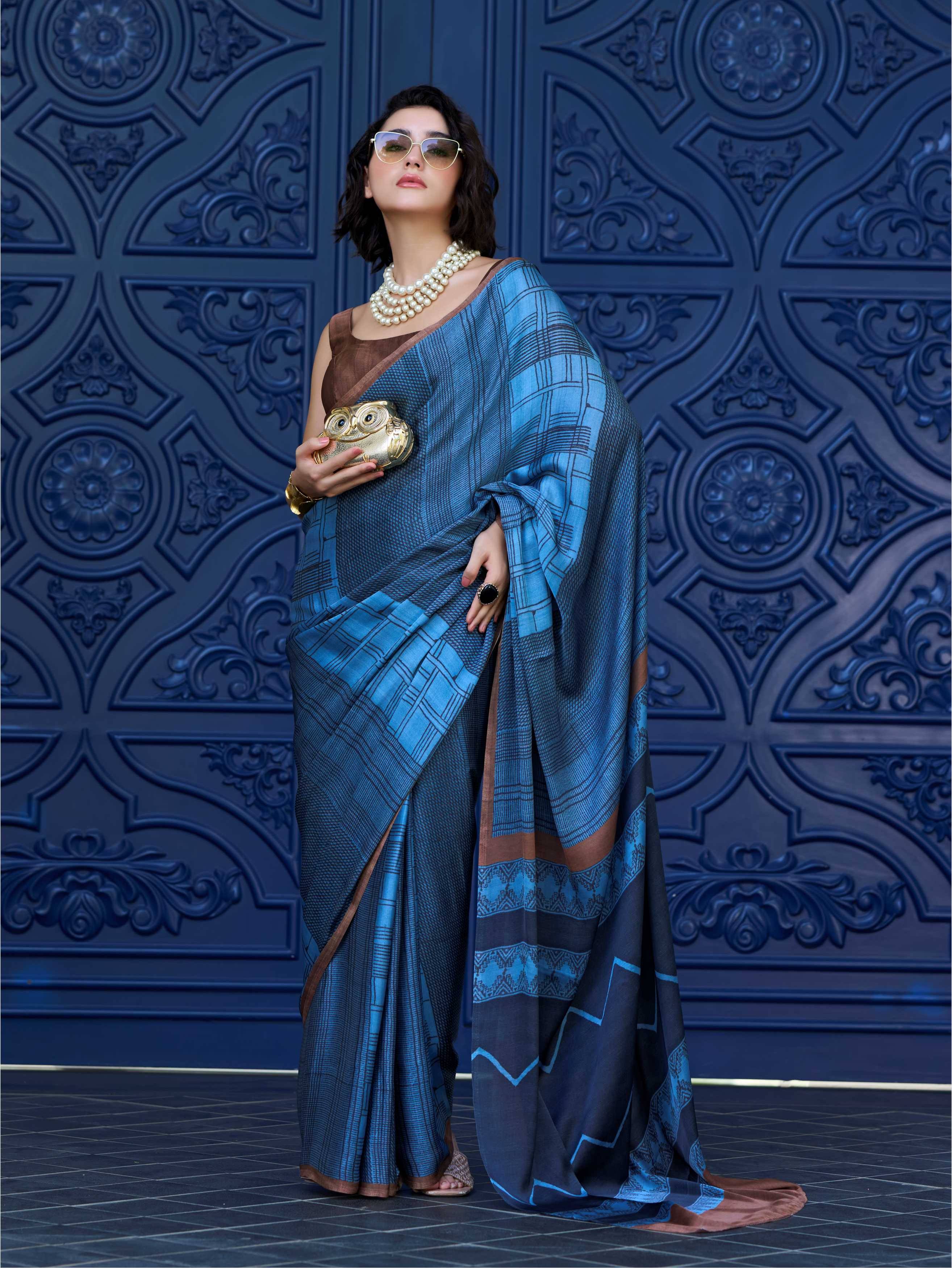 Steel Blue Geometric Satin Georgette Saree