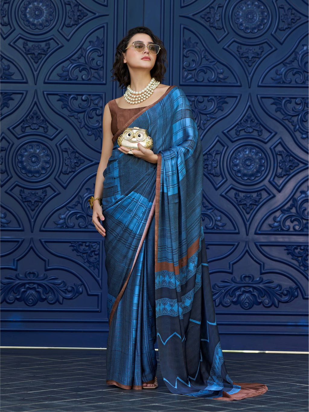 Steel Blue Geometric Satin Georgette Saree