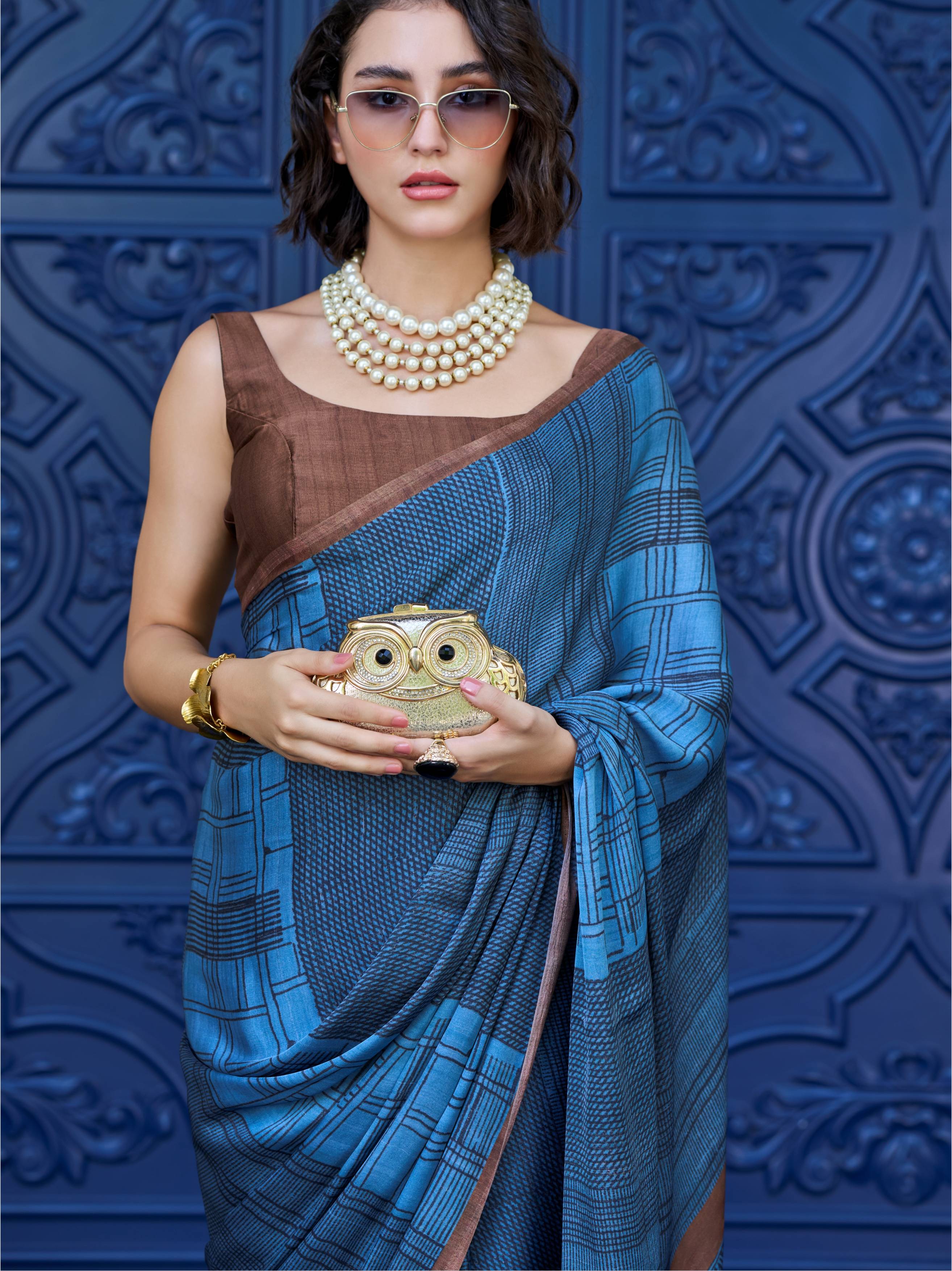 Steel Blue Geometric Satin Georgette Saree