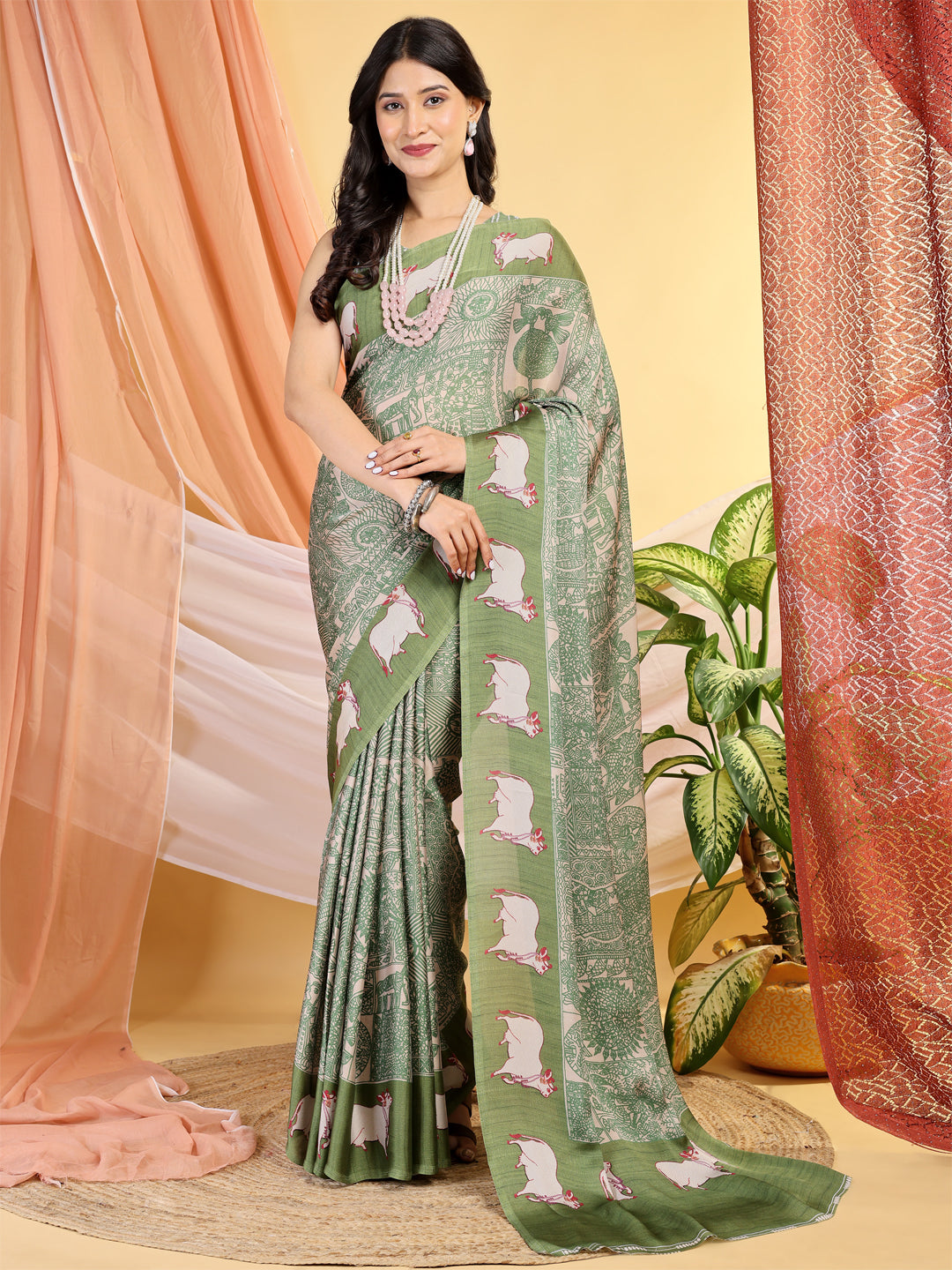 Modal Silk Ethnic Motif Olive Green Saree