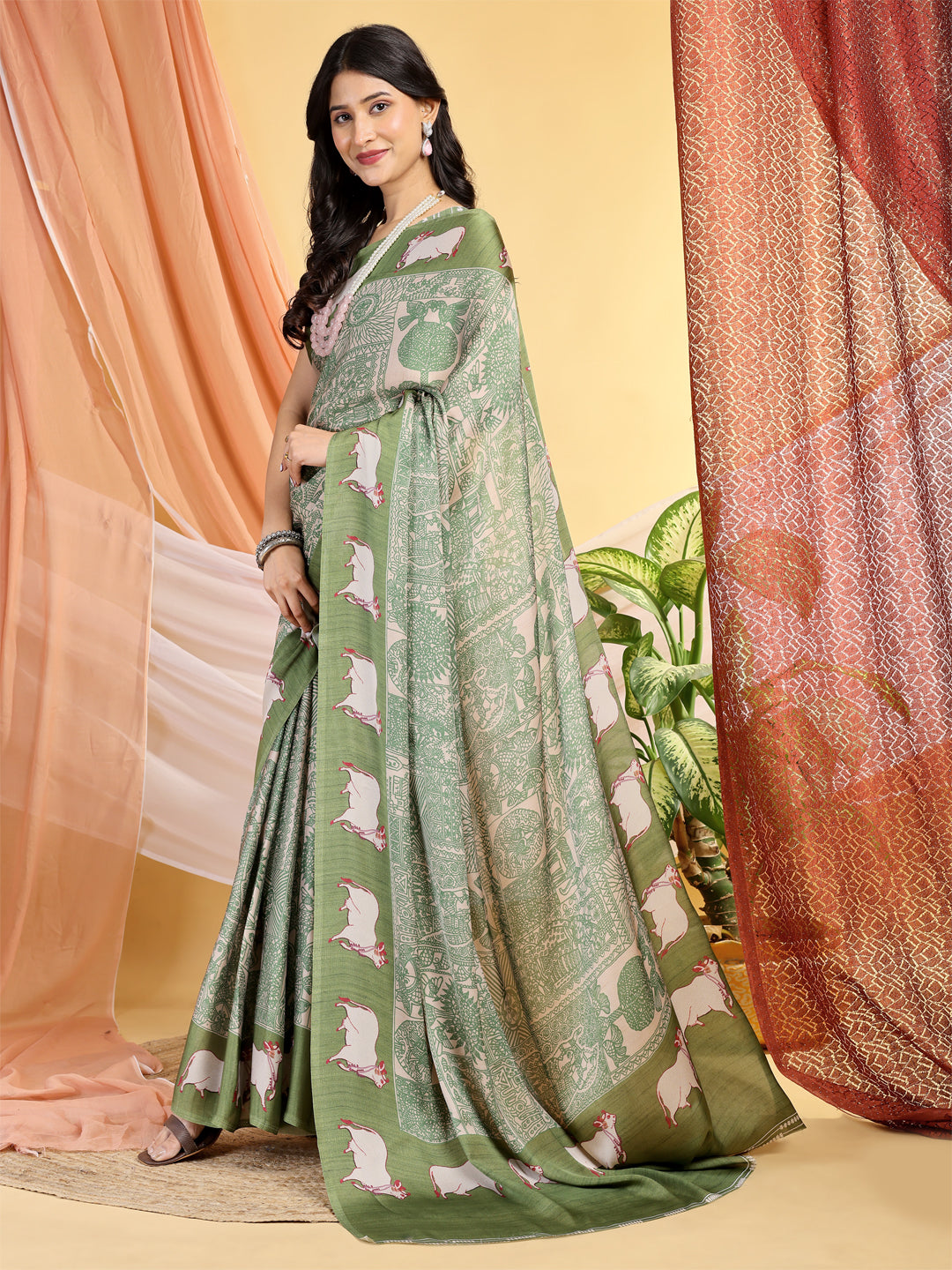 Modal Silk Ethnic Motif Olive Green Saree