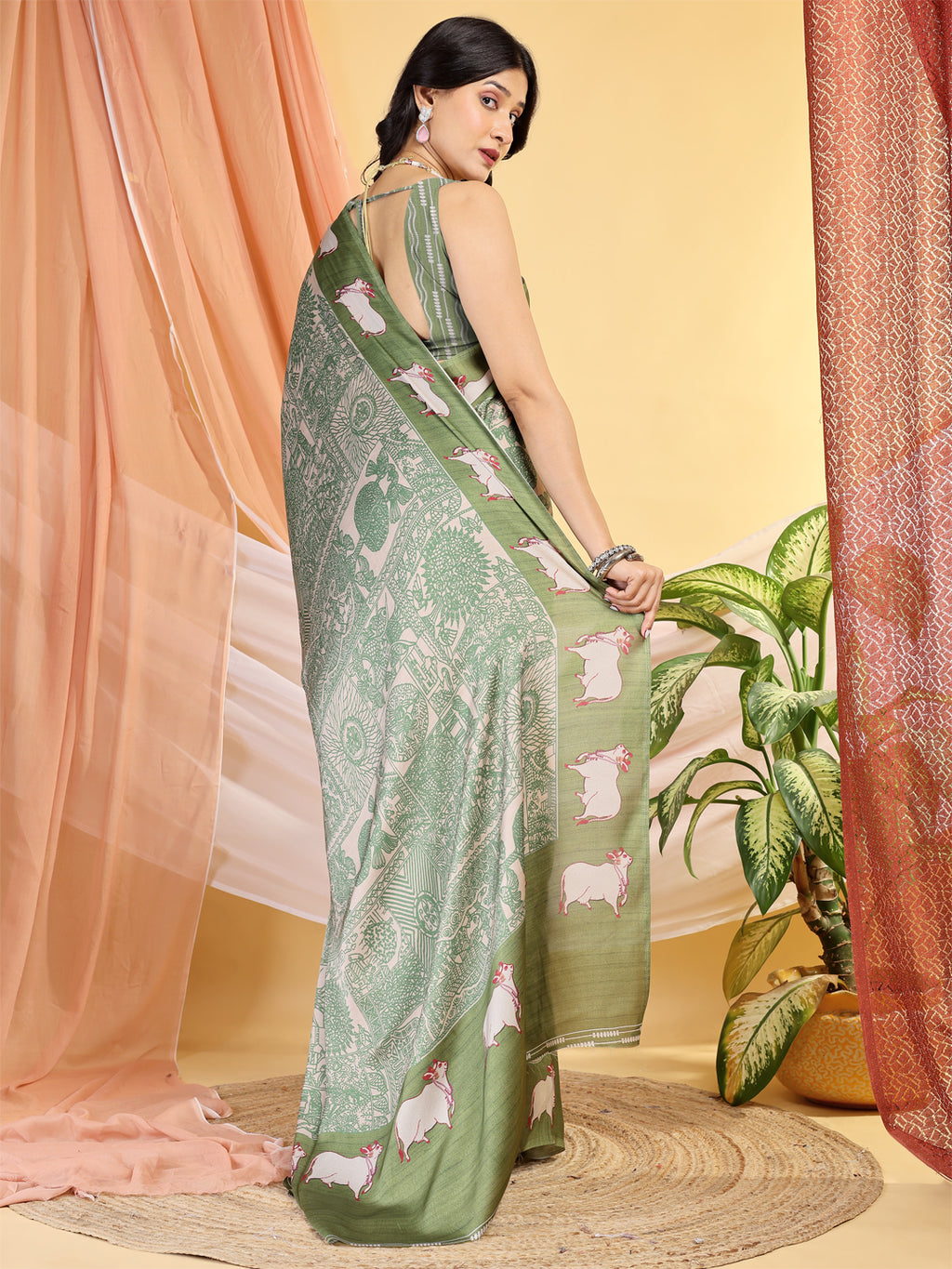 Modal Silk Ethnic Motif Olive Green Saree