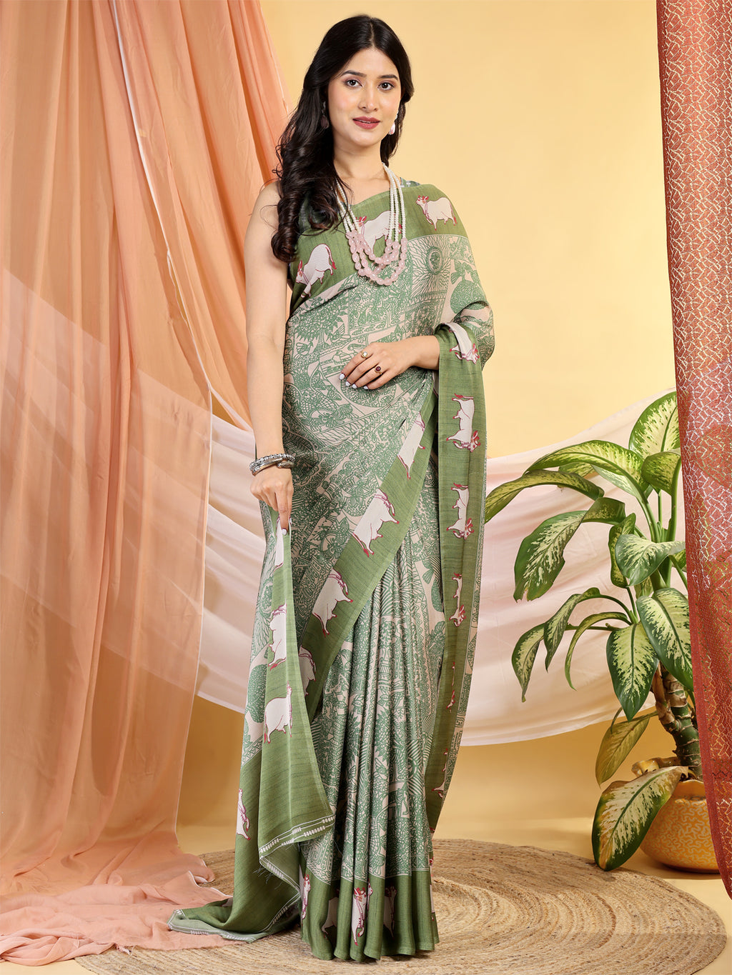Modal Silk Ethnic Motif Olive Green Saree
