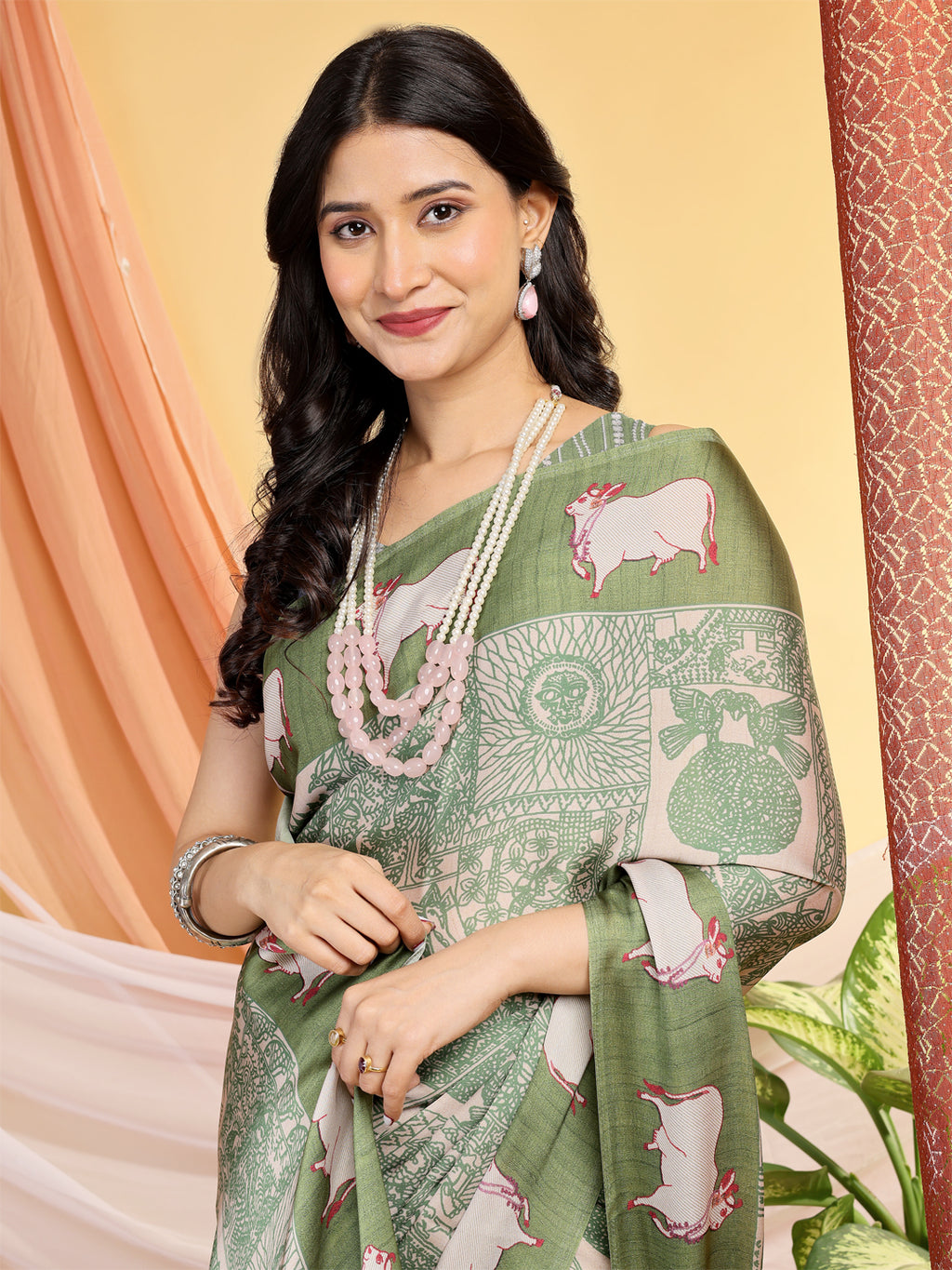 Modal Silk Ethnic Motif Olive Green Saree