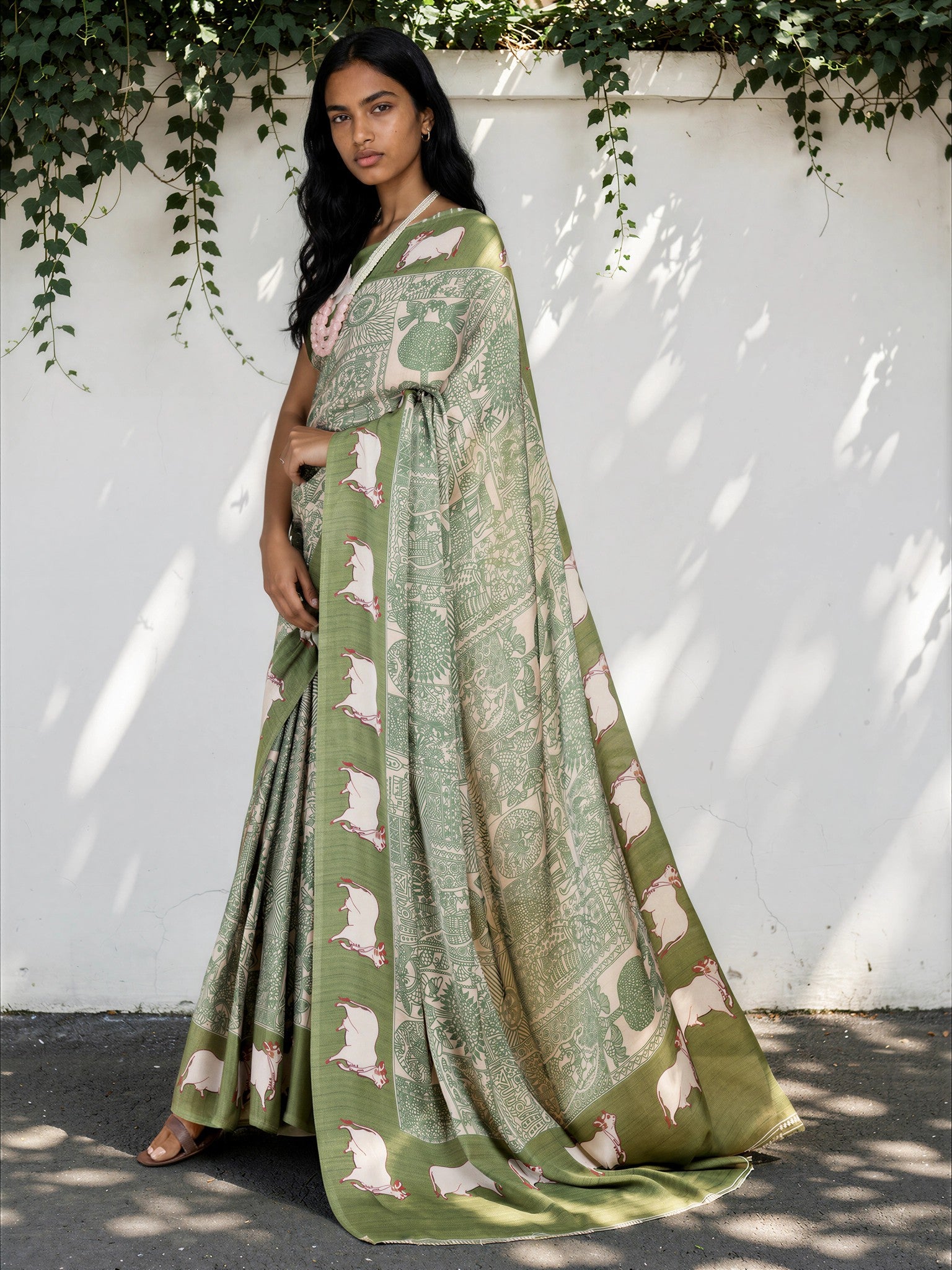 Olive Green Ethnic Motif Satin Georgette Saree