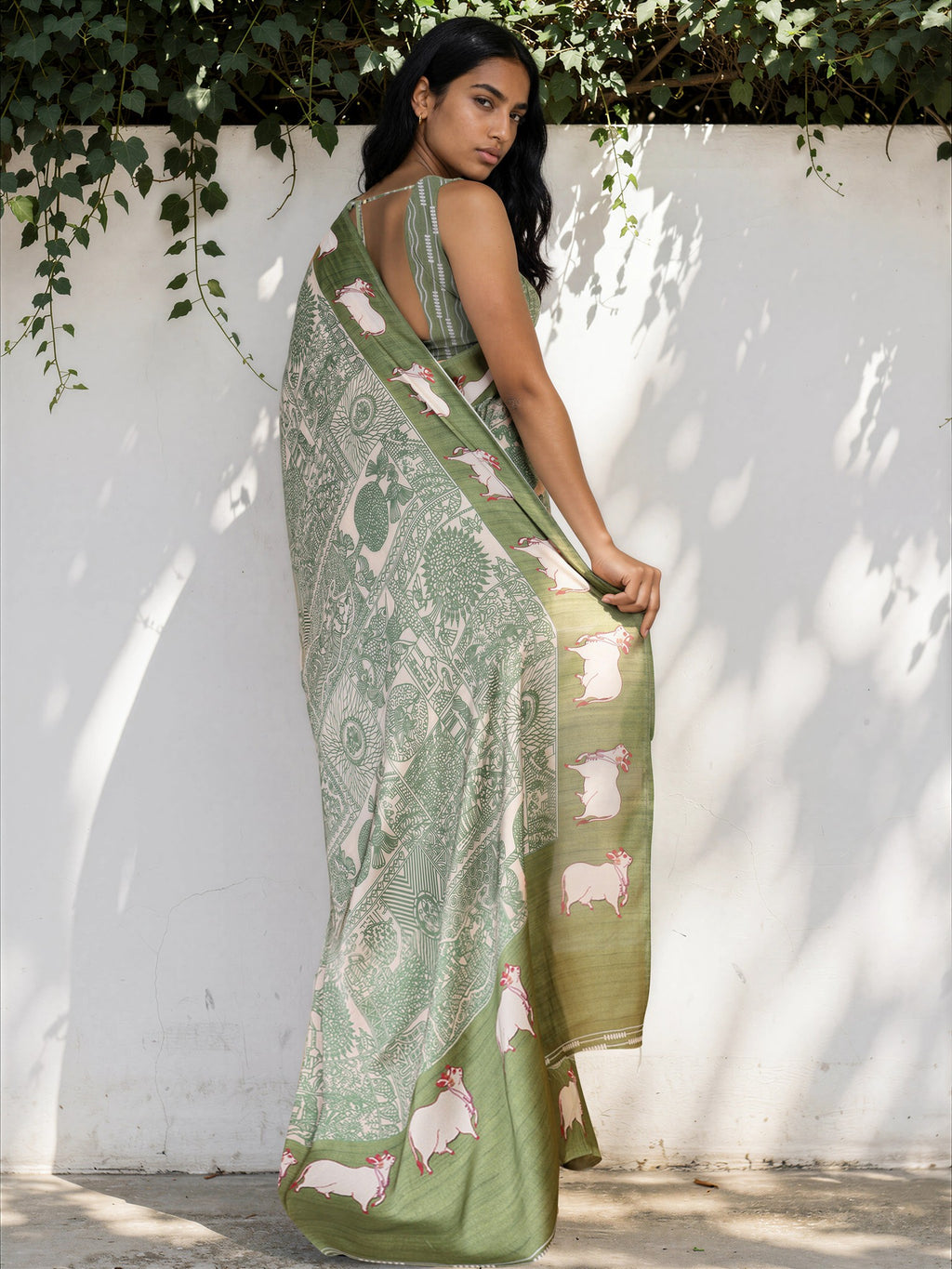 Olive Green Ethnic Motif Satin Georgette Saree