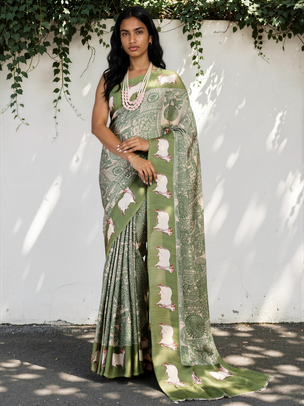 Olive Green Ethnic Motif Satin Georgette Saree
