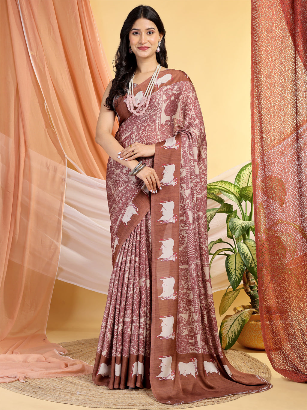 Modal Silk Ethnic Motif Dusty Pink Saree
