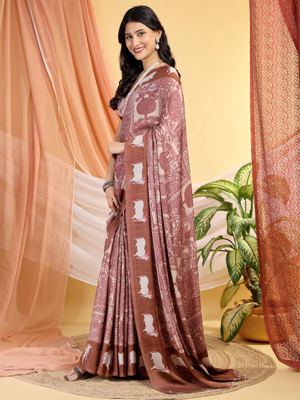 Modal Silk Ethnic Motif Dusty Pink Saree