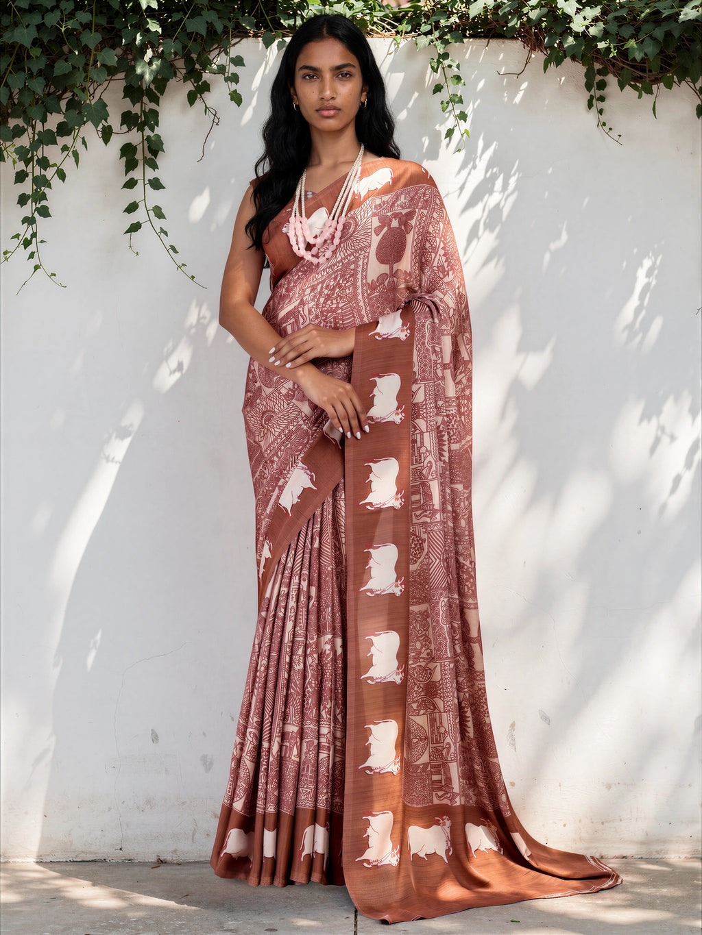 Dusty Pink Ethnic Motif Satin Georgette Saree