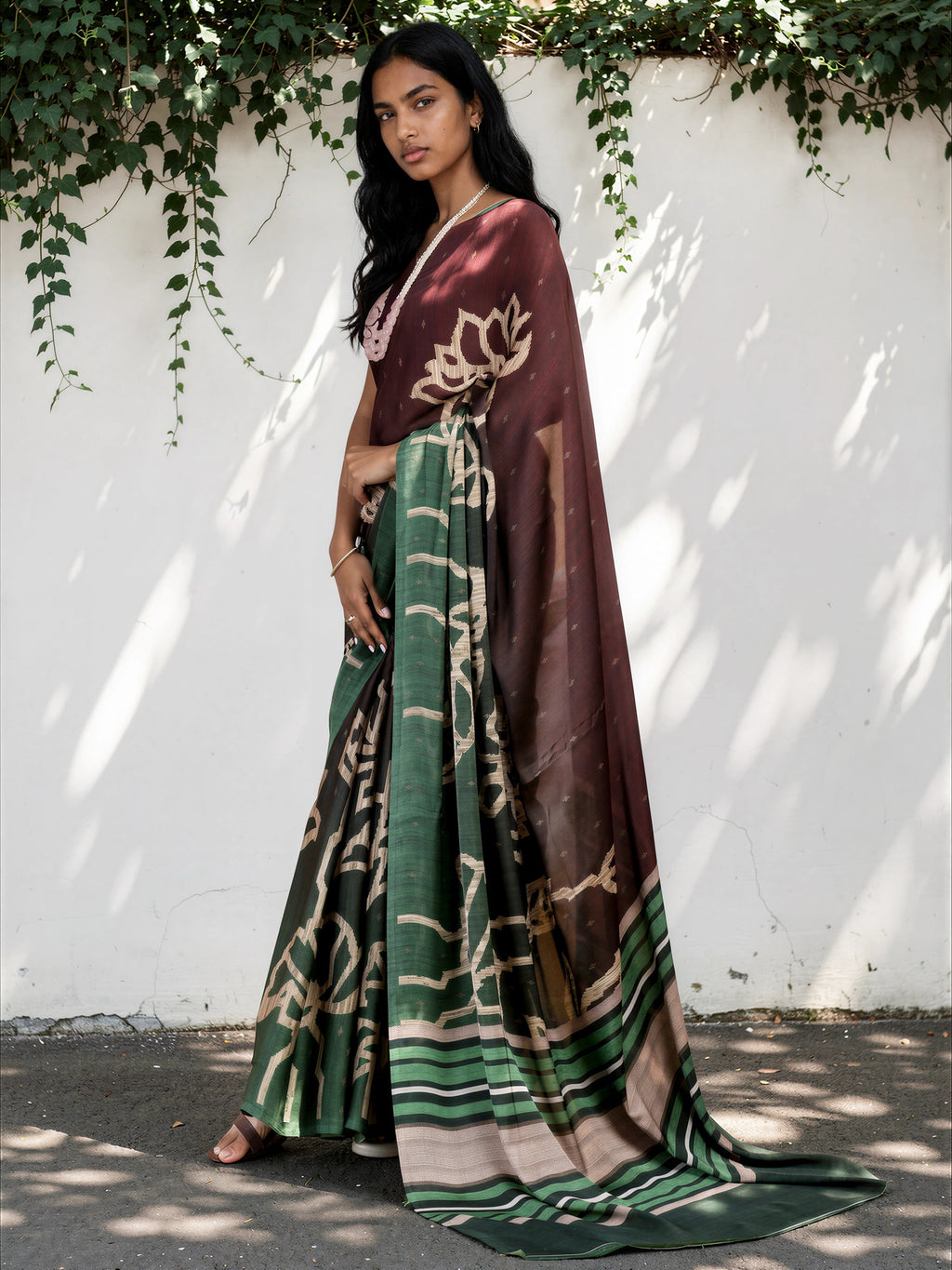 Dark Green Ethnic Motif Satin Georgette Saree