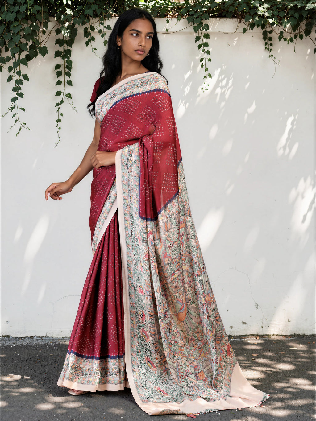 Maroon Red Ethnic Motif Satin Georgette Saree