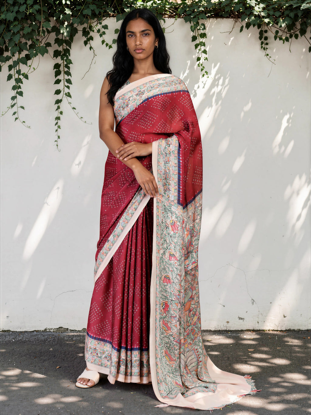 Maroon Red Ethnic Motif Satin Georgette Saree