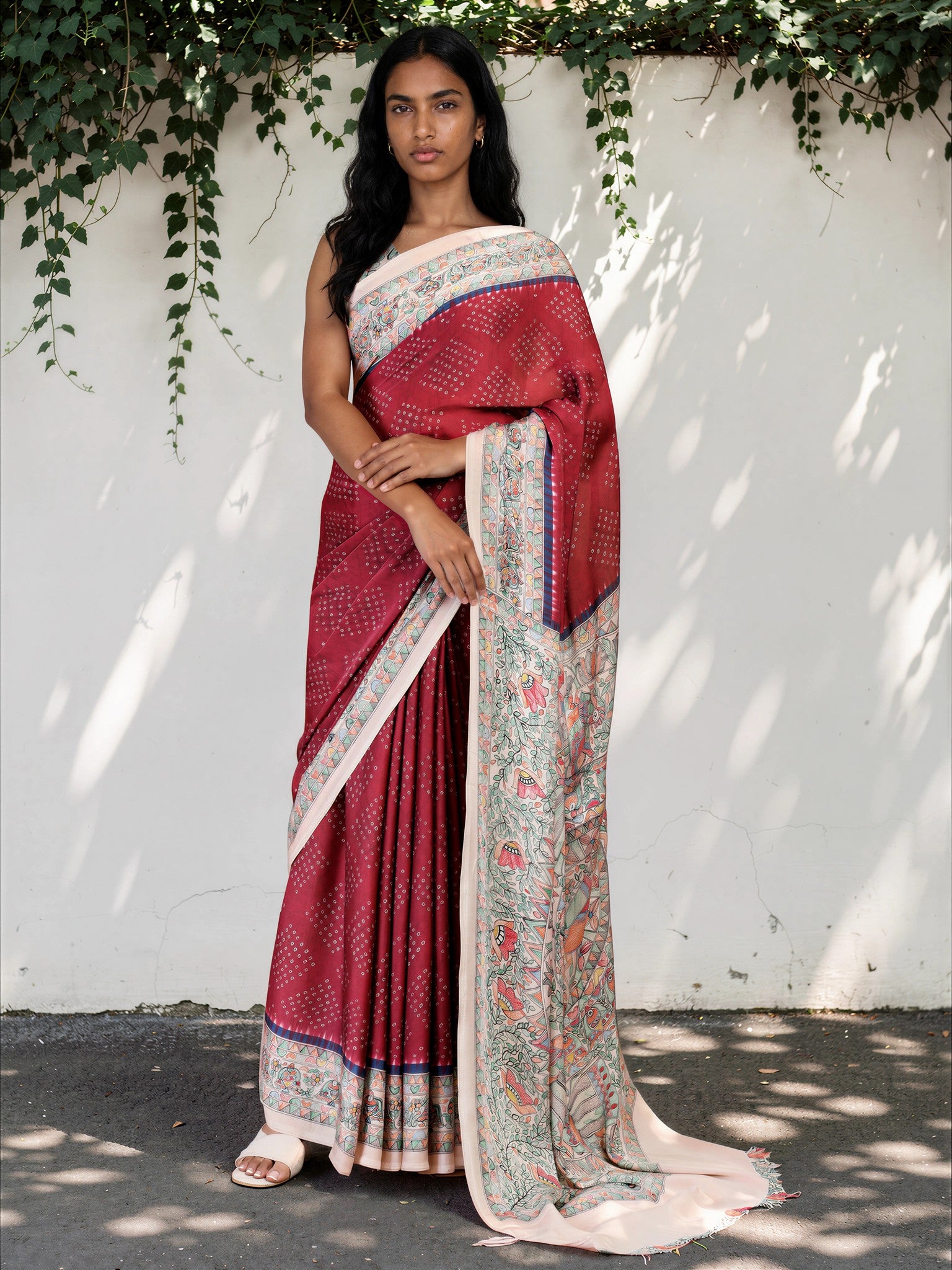 Maroon Red Ethnic Motif Satin Georgette Saree