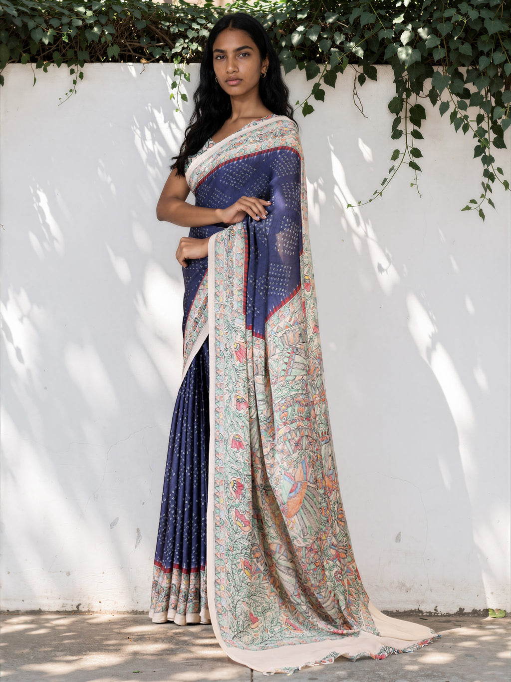 Navy Blue Ethnic Motif Satin Georgette Saree