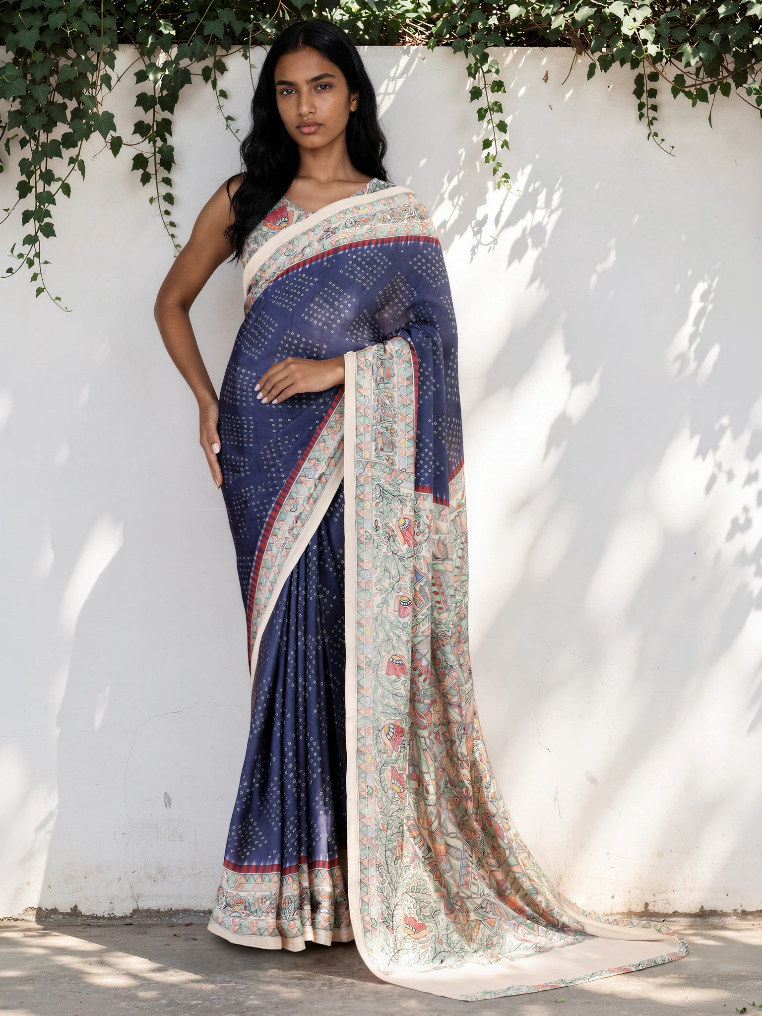 Navy Blue Ethnic Motif Satin Georgette Saree