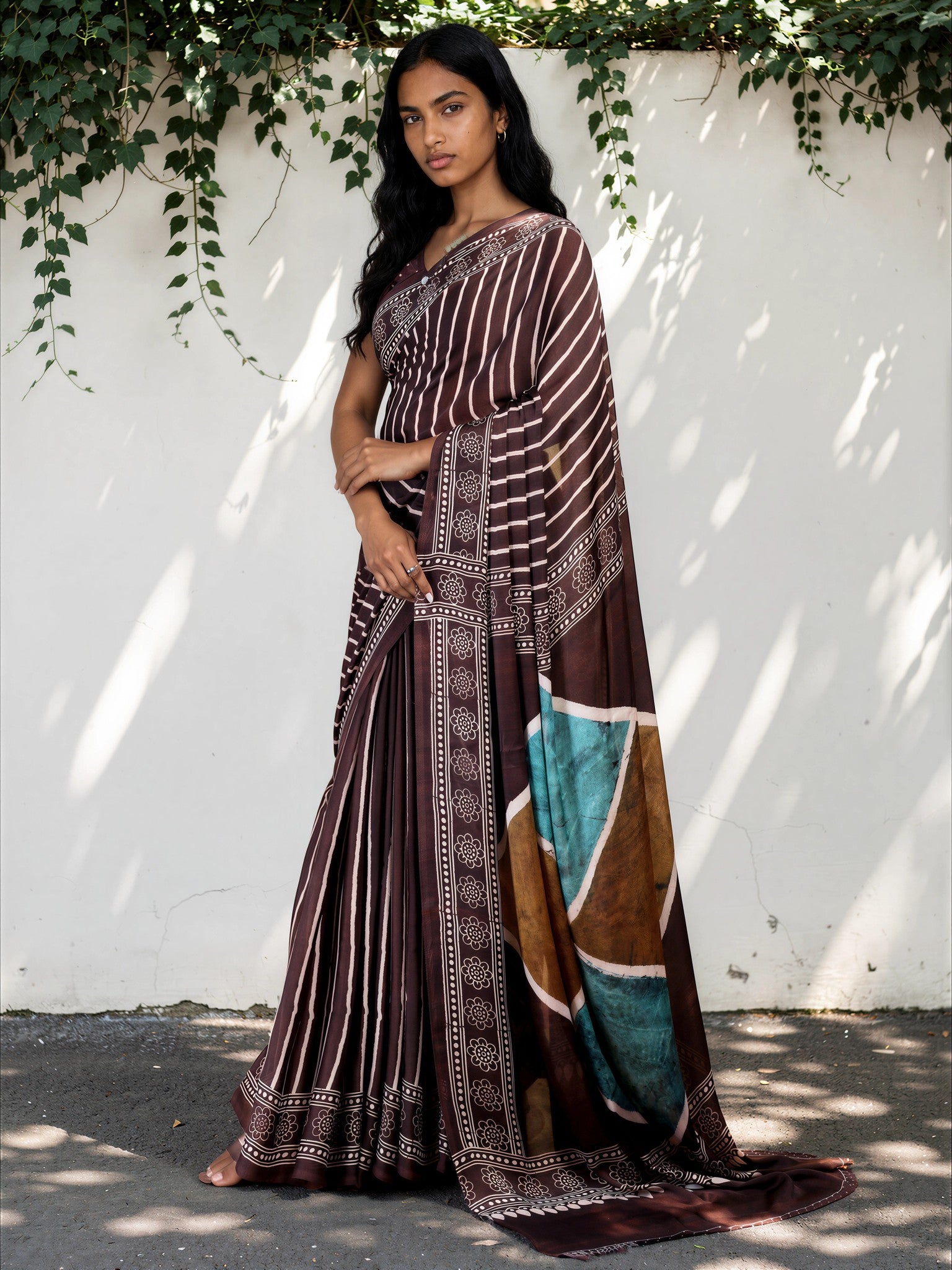 Charcoal Grey Ethnic Motif Satin Georgette Saree