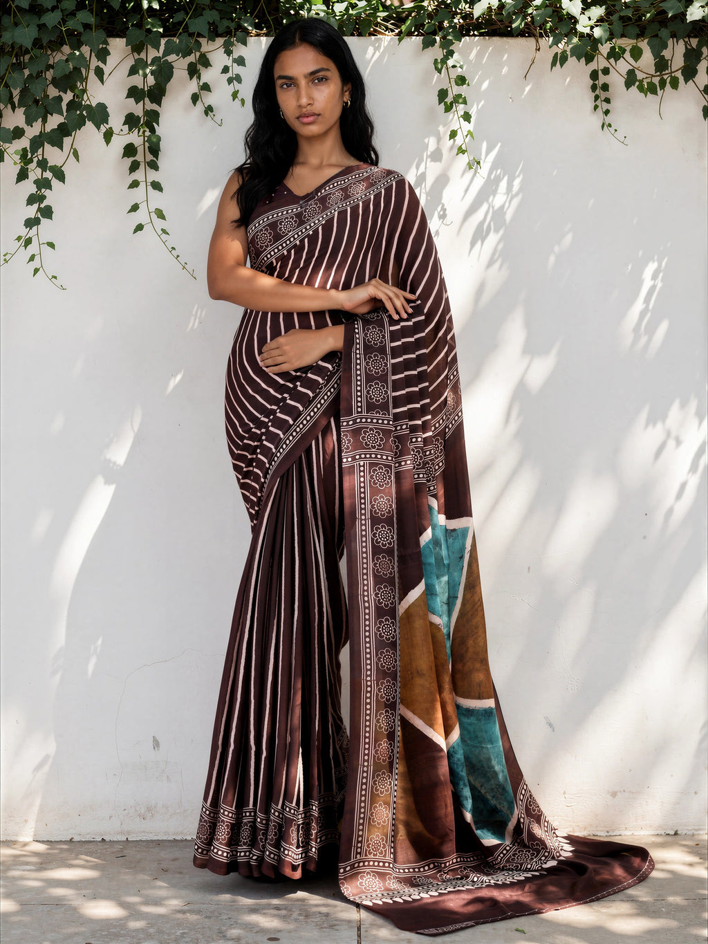 Charcoal Grey Ethnic Motif Satin Georgette Saree
