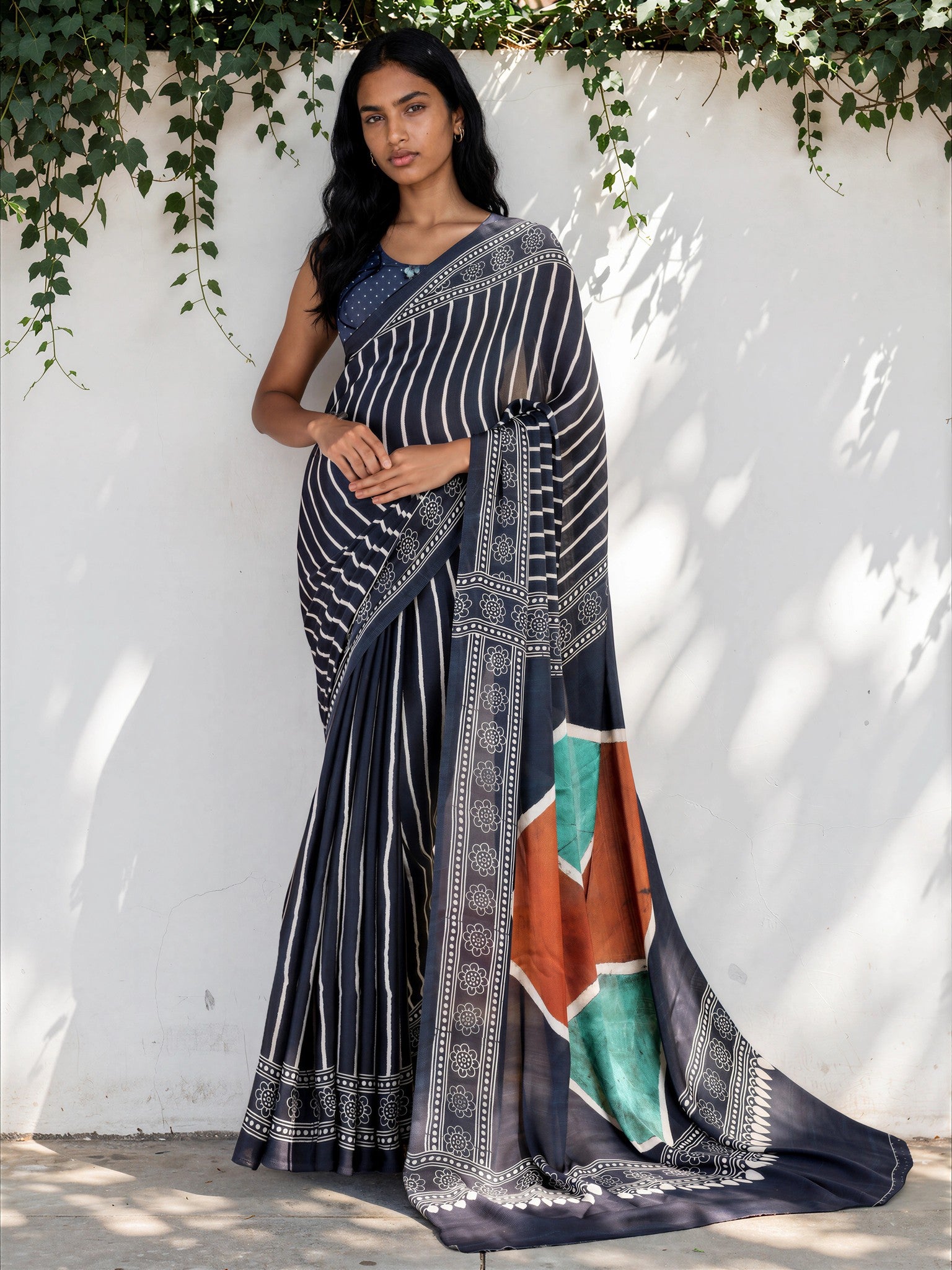 Midnight Blue Ethnic Motif Satin Georgette Saree