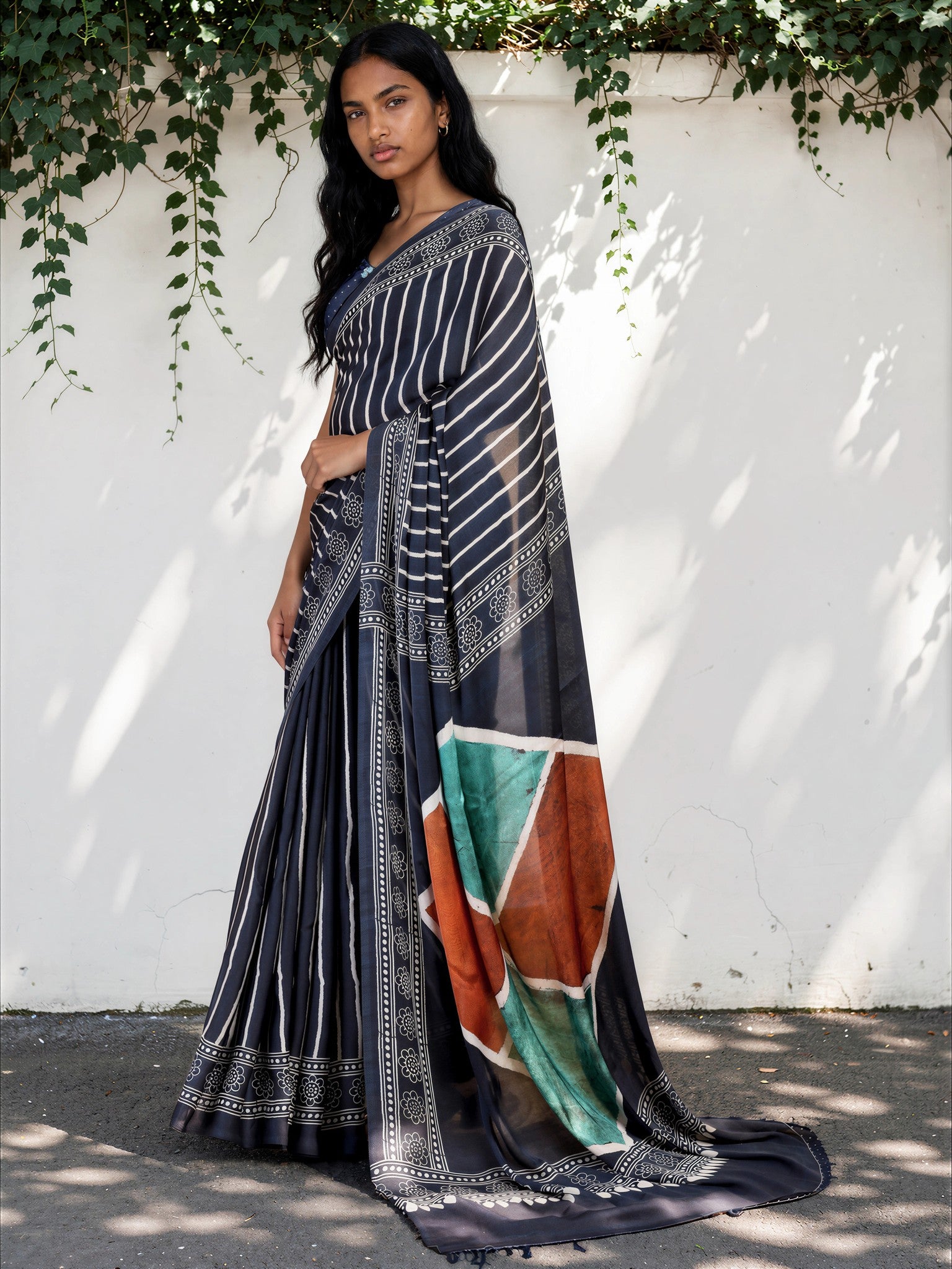Midnight Blue Ethnic Motif Satin Georgette Saree