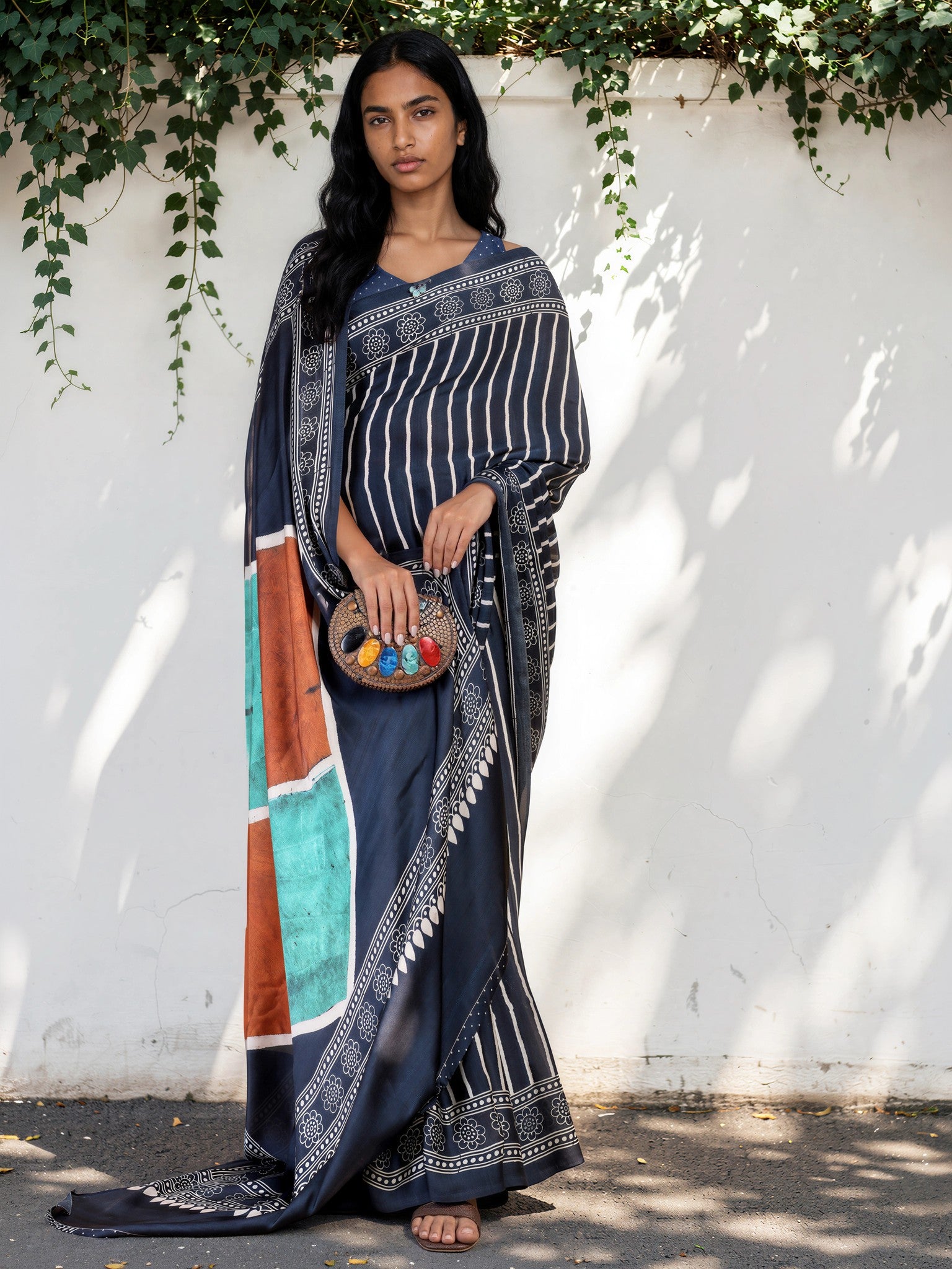 Midnight Blue Ethnic Motif Satin Georgette Saree