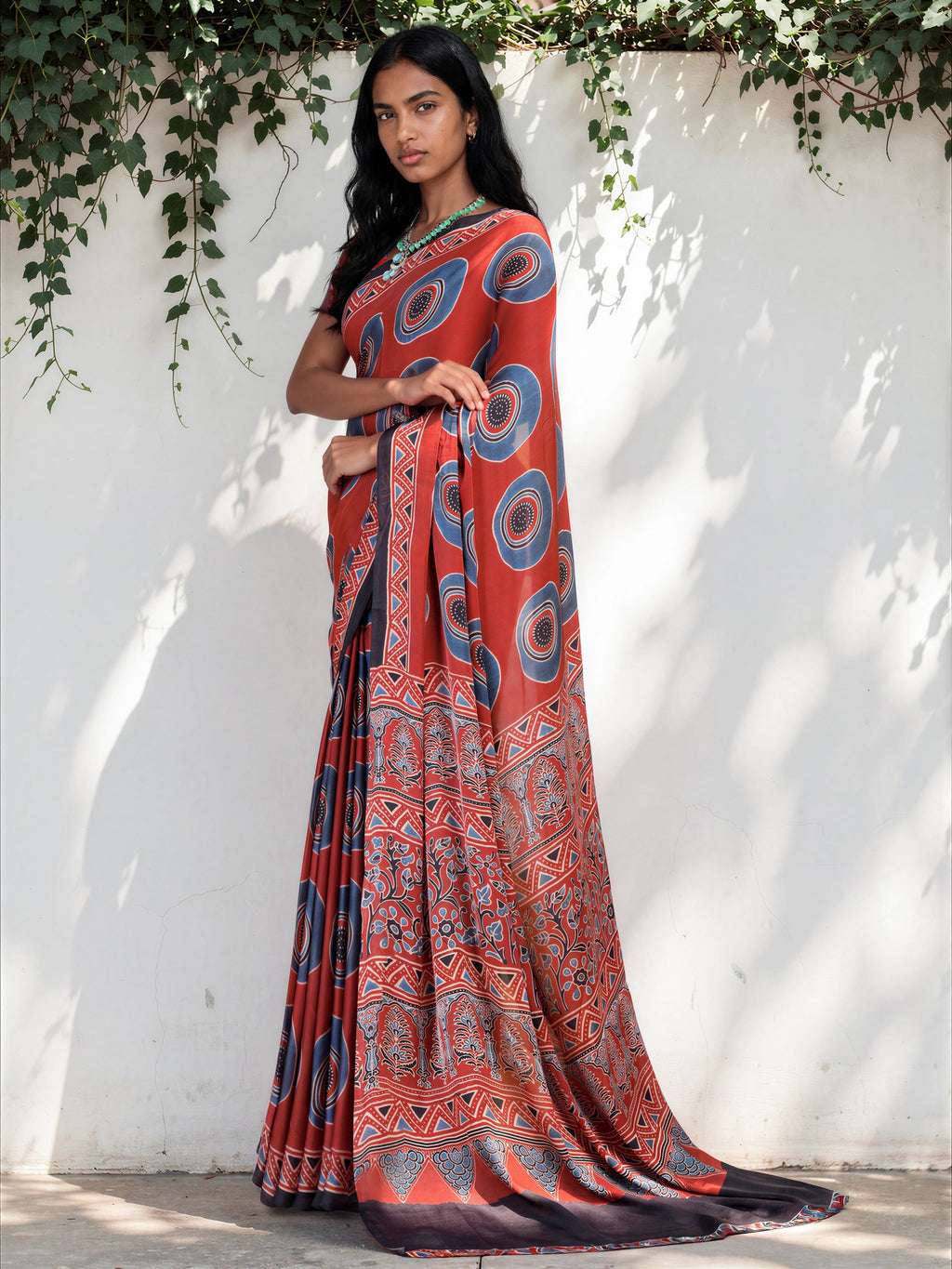 Deep Red Ethnic Motif Satin Georgette Saree