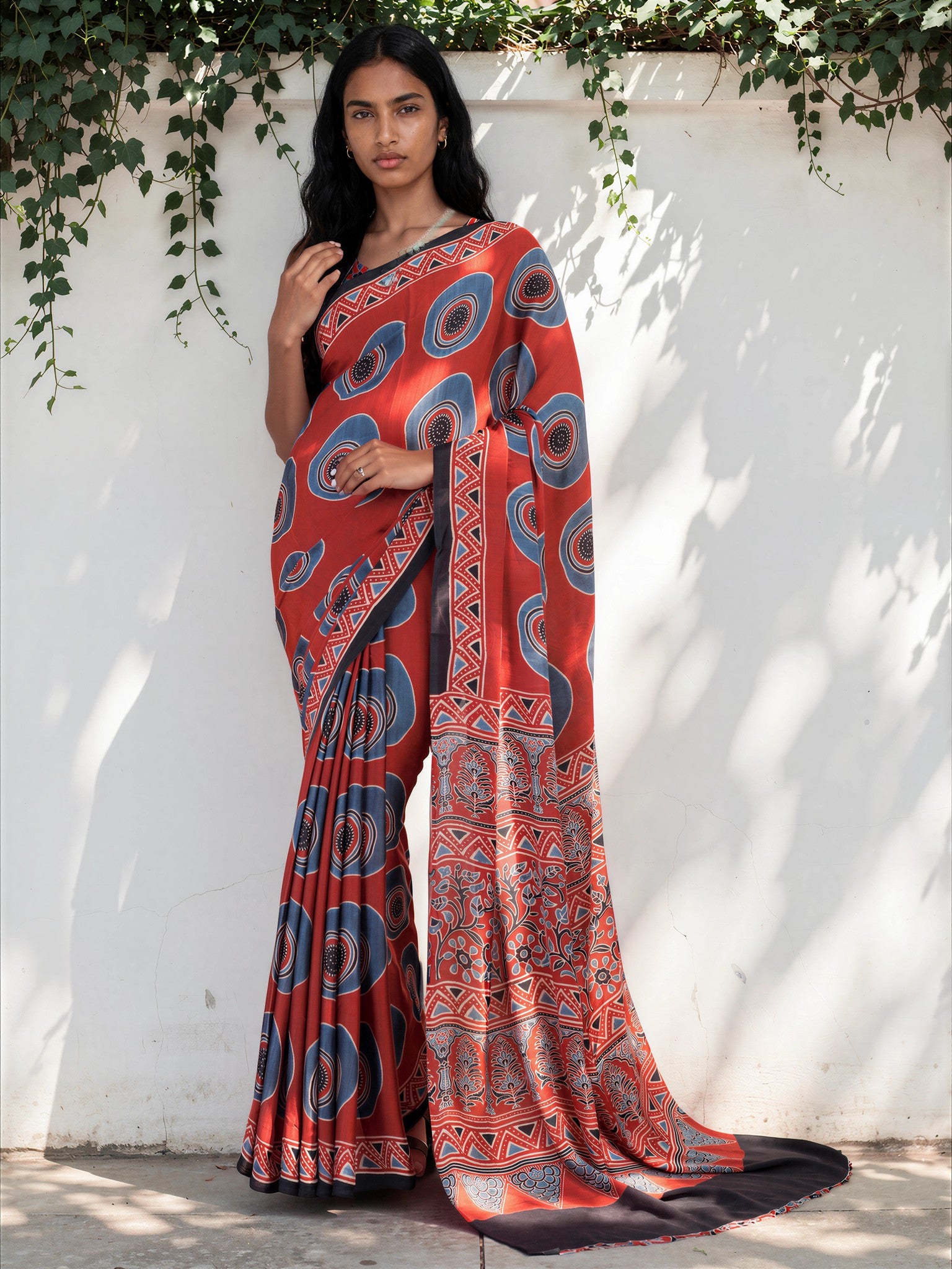 Deep Red Ethnic Motif Satin Georgette Saree