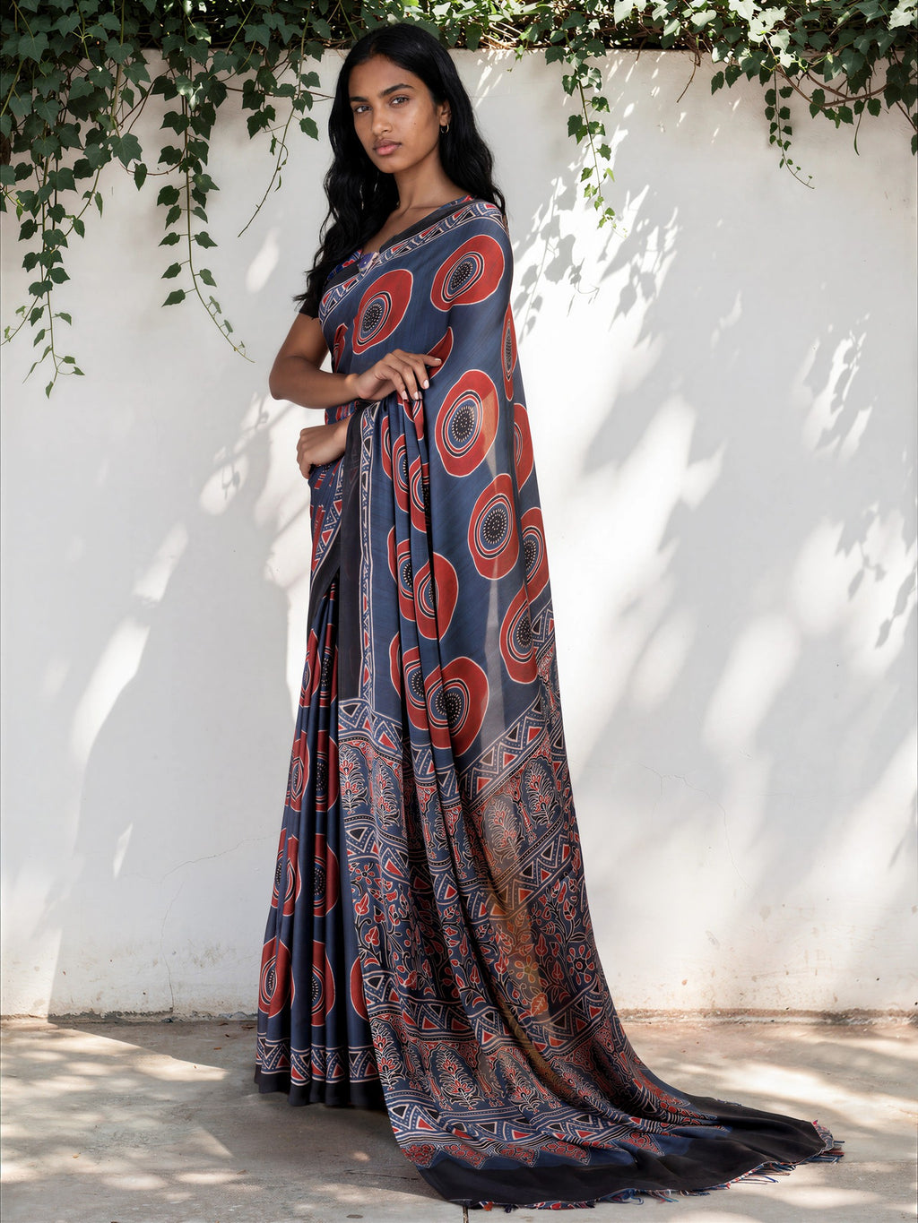 Navy Blue Ethnic Motif Satin Georgette Saree
