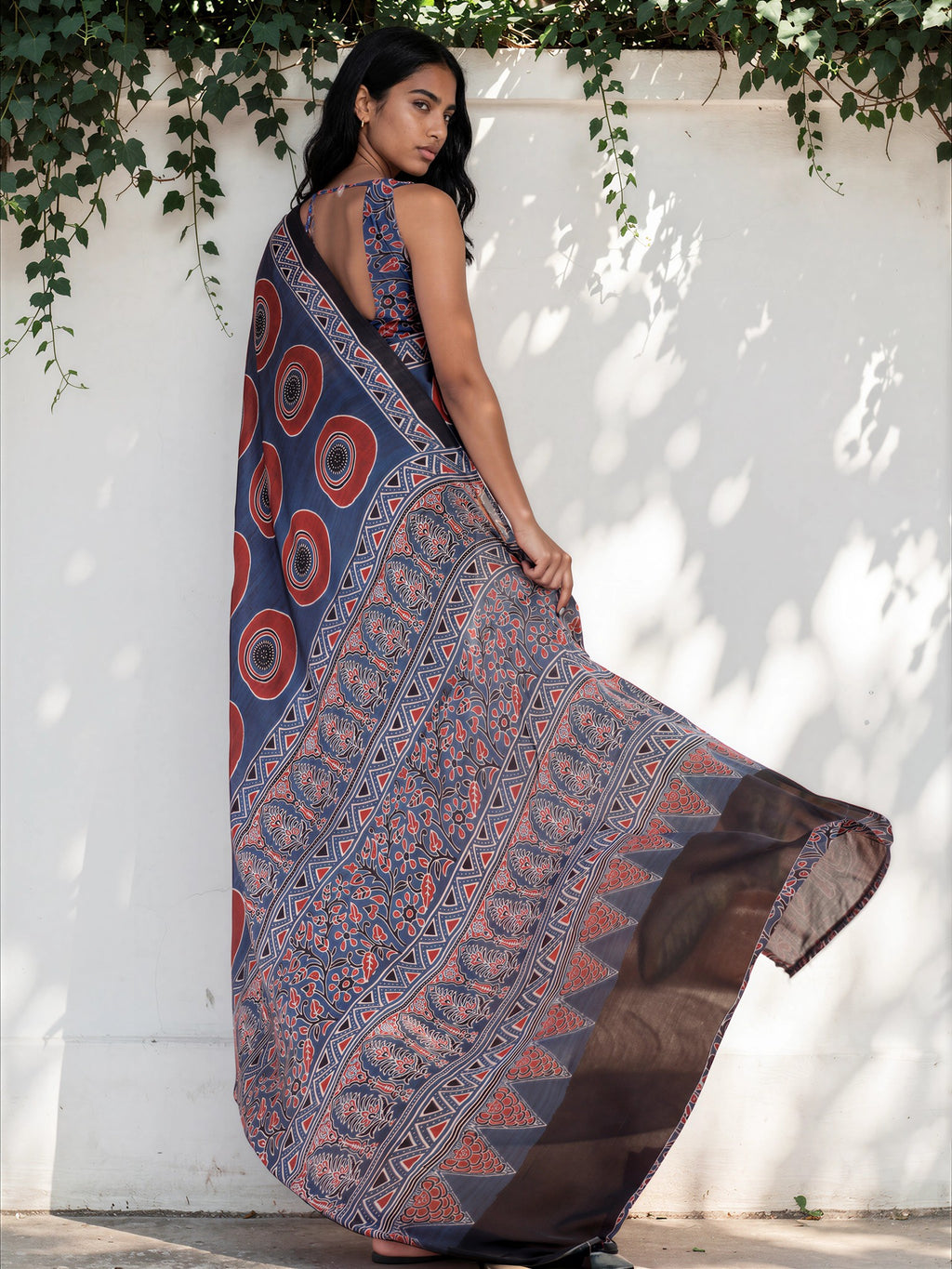 Navy Blue Ethnic Motif Satin Georgette Saree