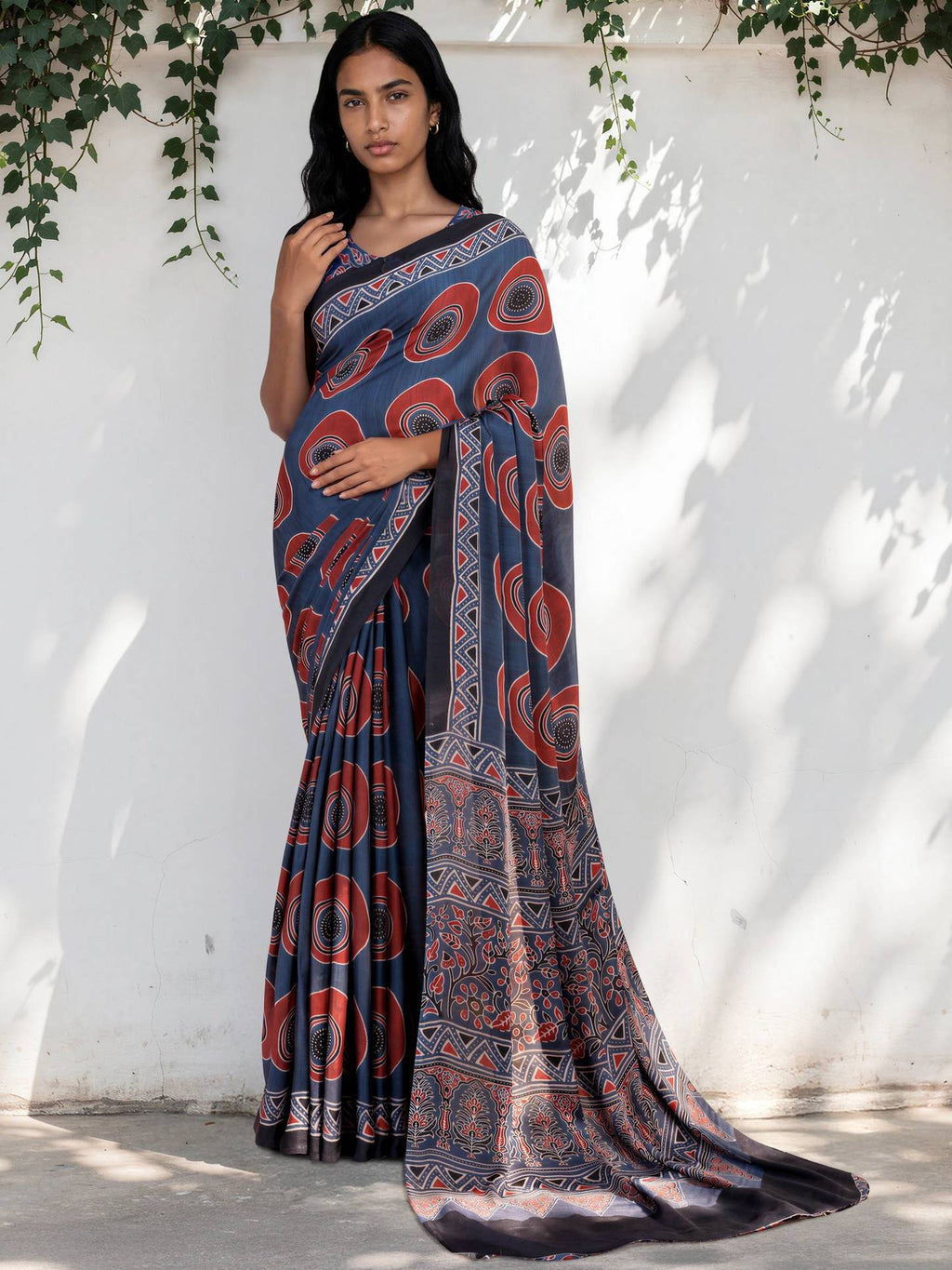 Navy Blue Ethnic Motif Satin Georgette Saree