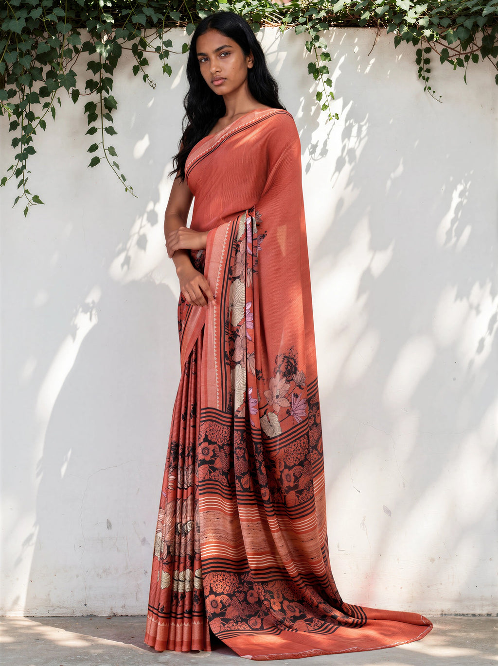 Coral Orange Ethnic Motif Satin Georgette Saree