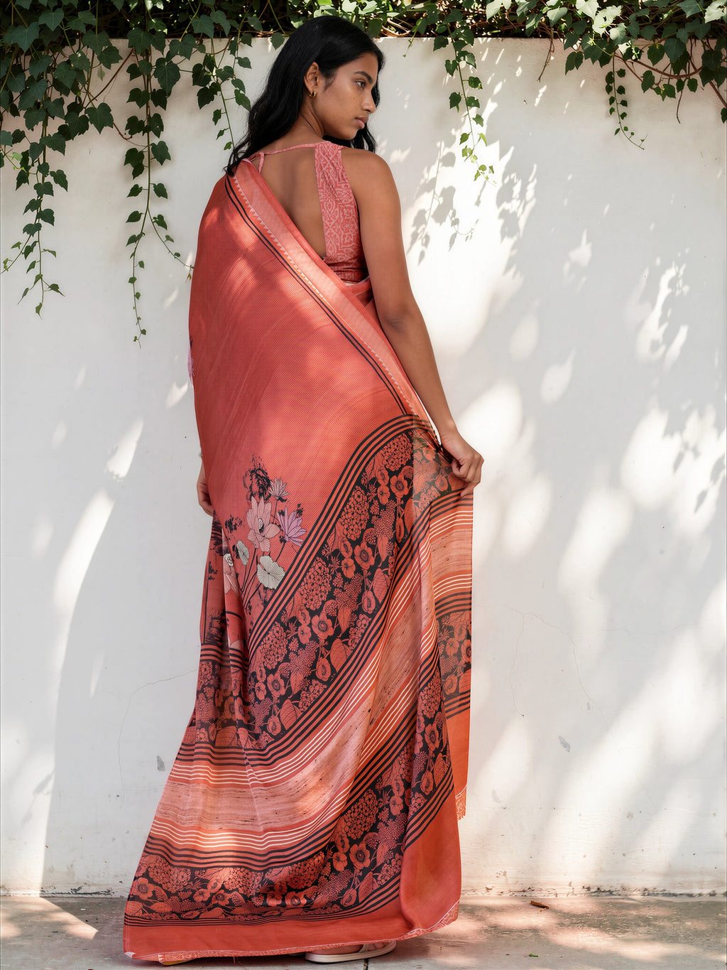 Coral Orange Ethnic Motif Satin Georgette Saree